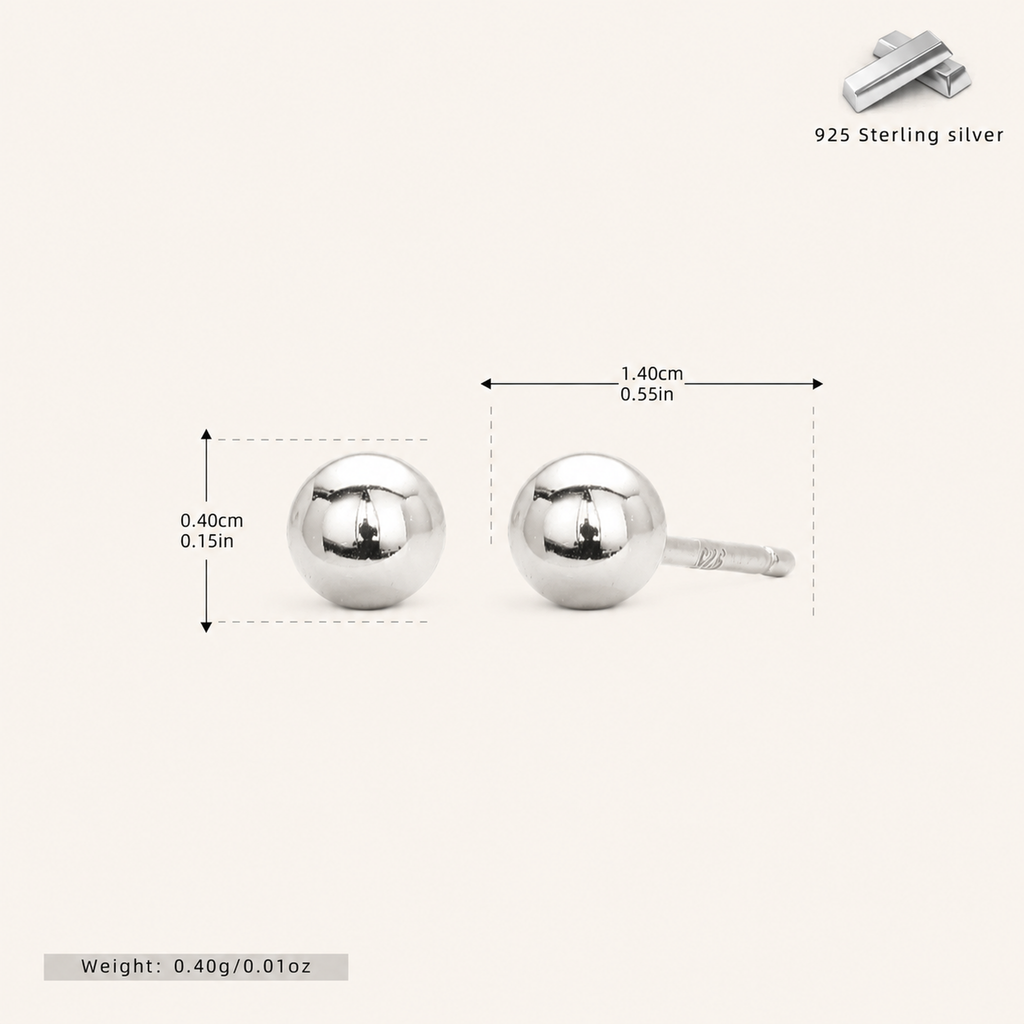 Sterling Silver Ball Bead Stud Earrings - Platinum / 4mm
