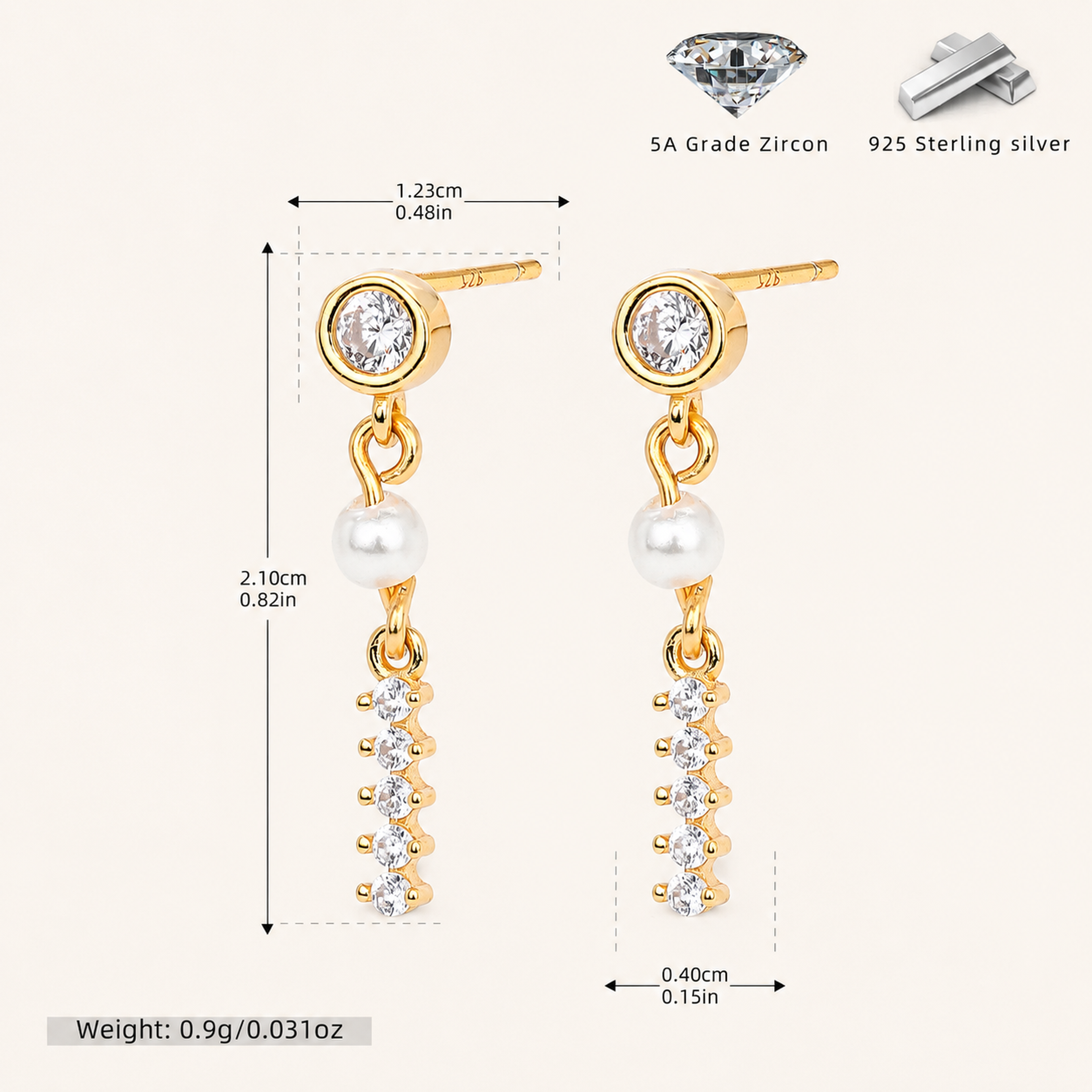 Sterling Silver Pearl & Zirconia Chain Drop Stud Earrings - Gold / 1