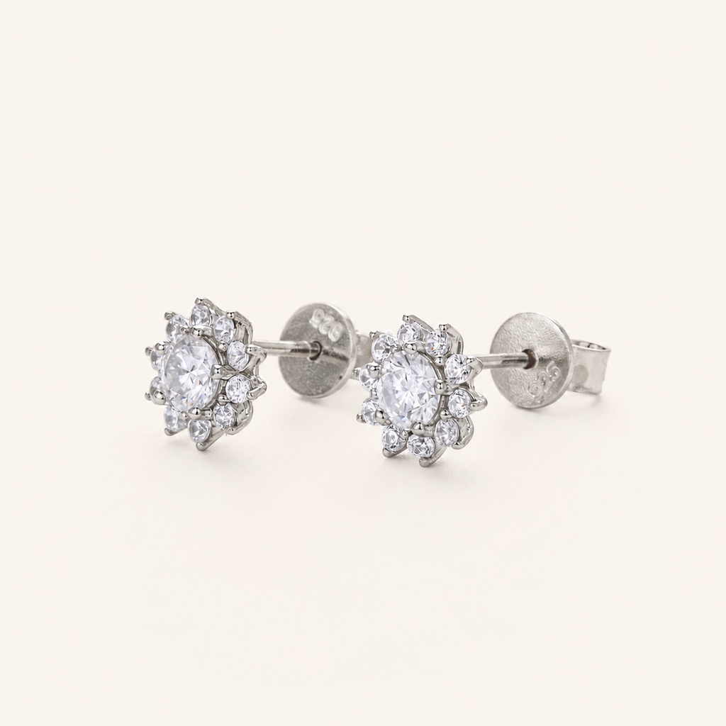 Sterling Silver Moissanite Sunflower Stud Earrings detail view
