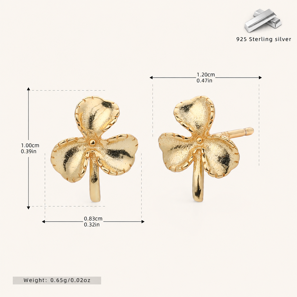 Sterling Silver Three-Leaf Clover Stud Earrings - Gold