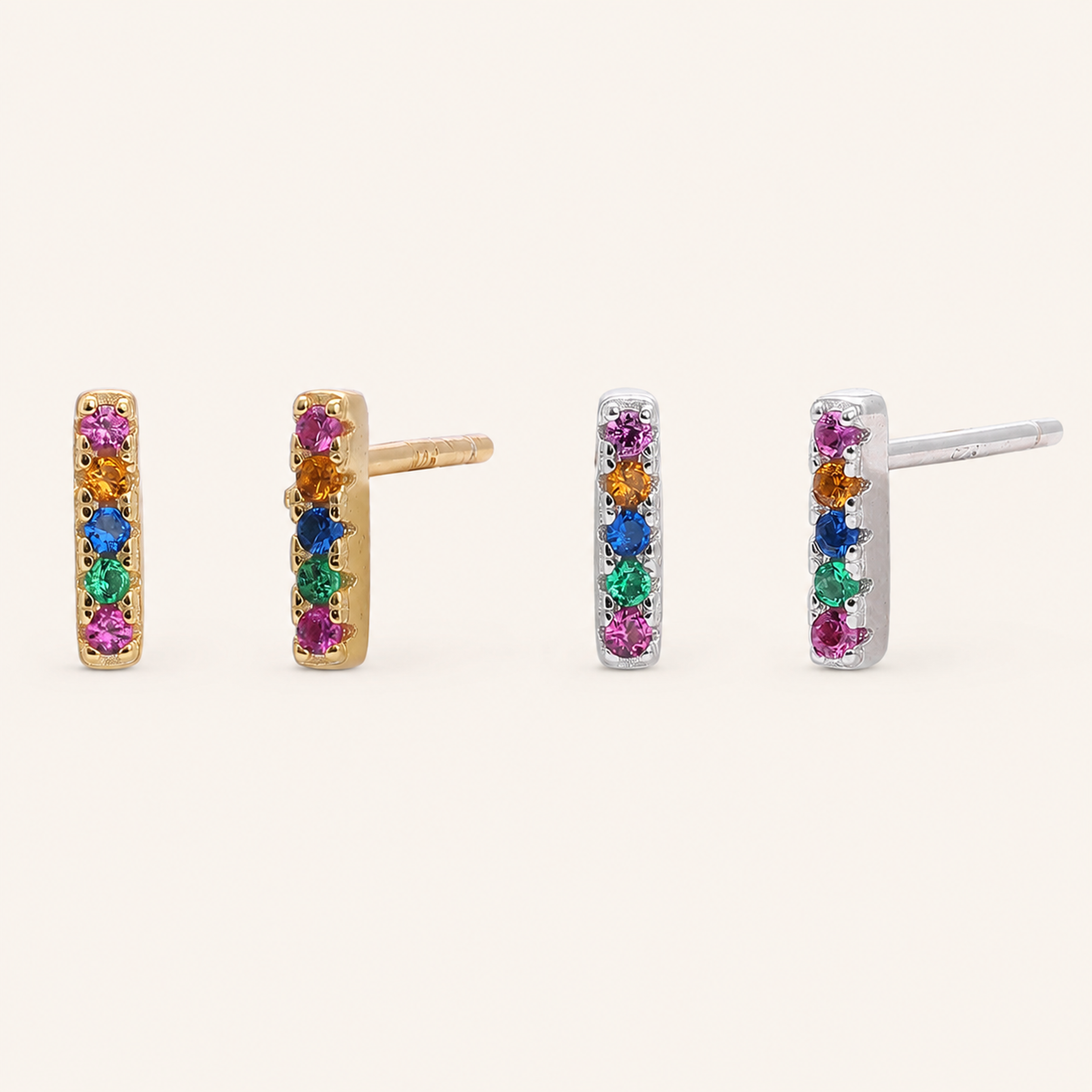 Sterling Silver Rainbow Rectangle Zirconia Stud Earrings