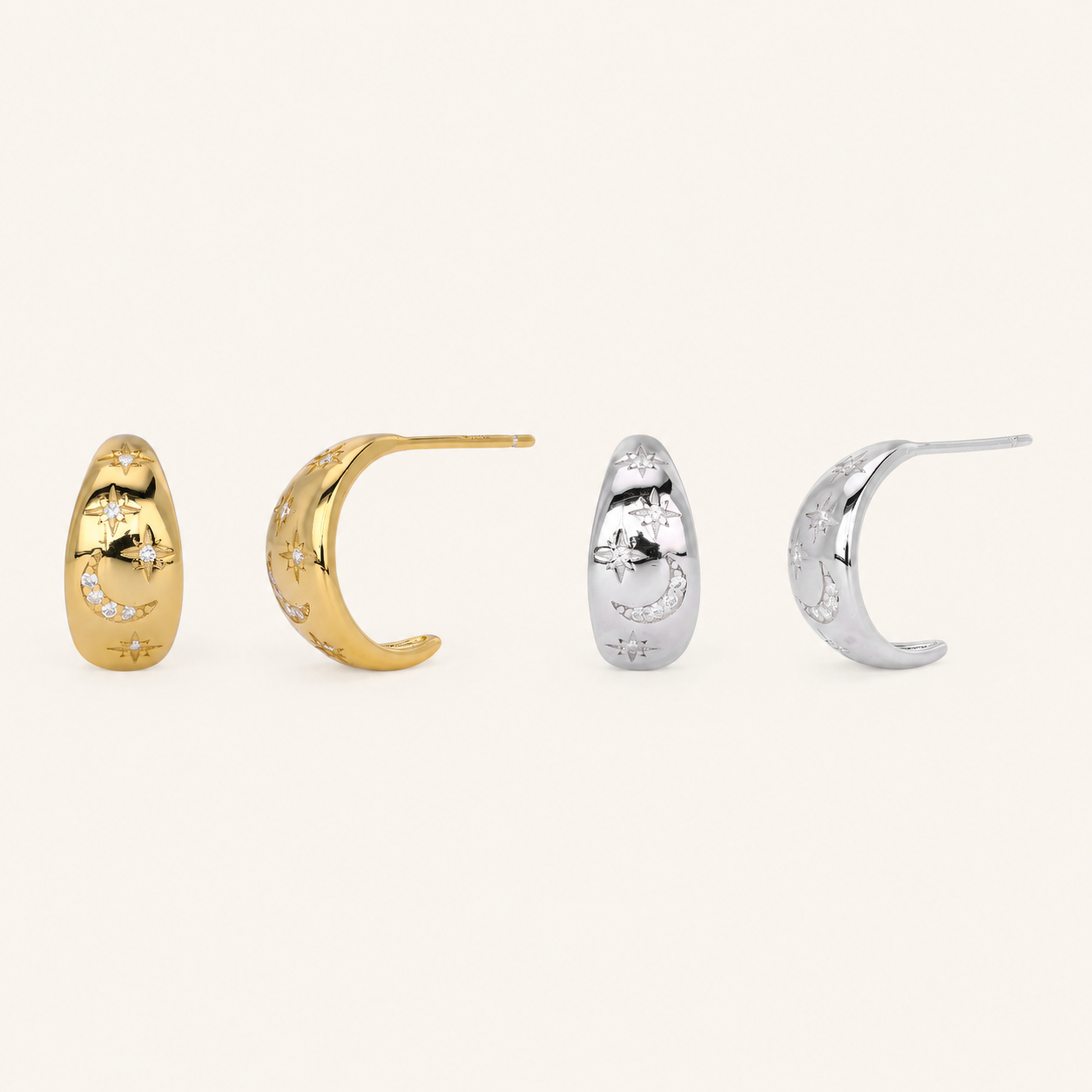 Sterling Silver Pave Star and Moon Stud Earrings