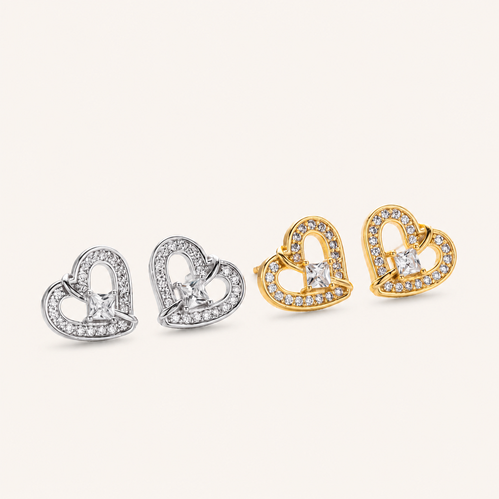 Sterling Silver Zirconia Heart Stud Earrings detail