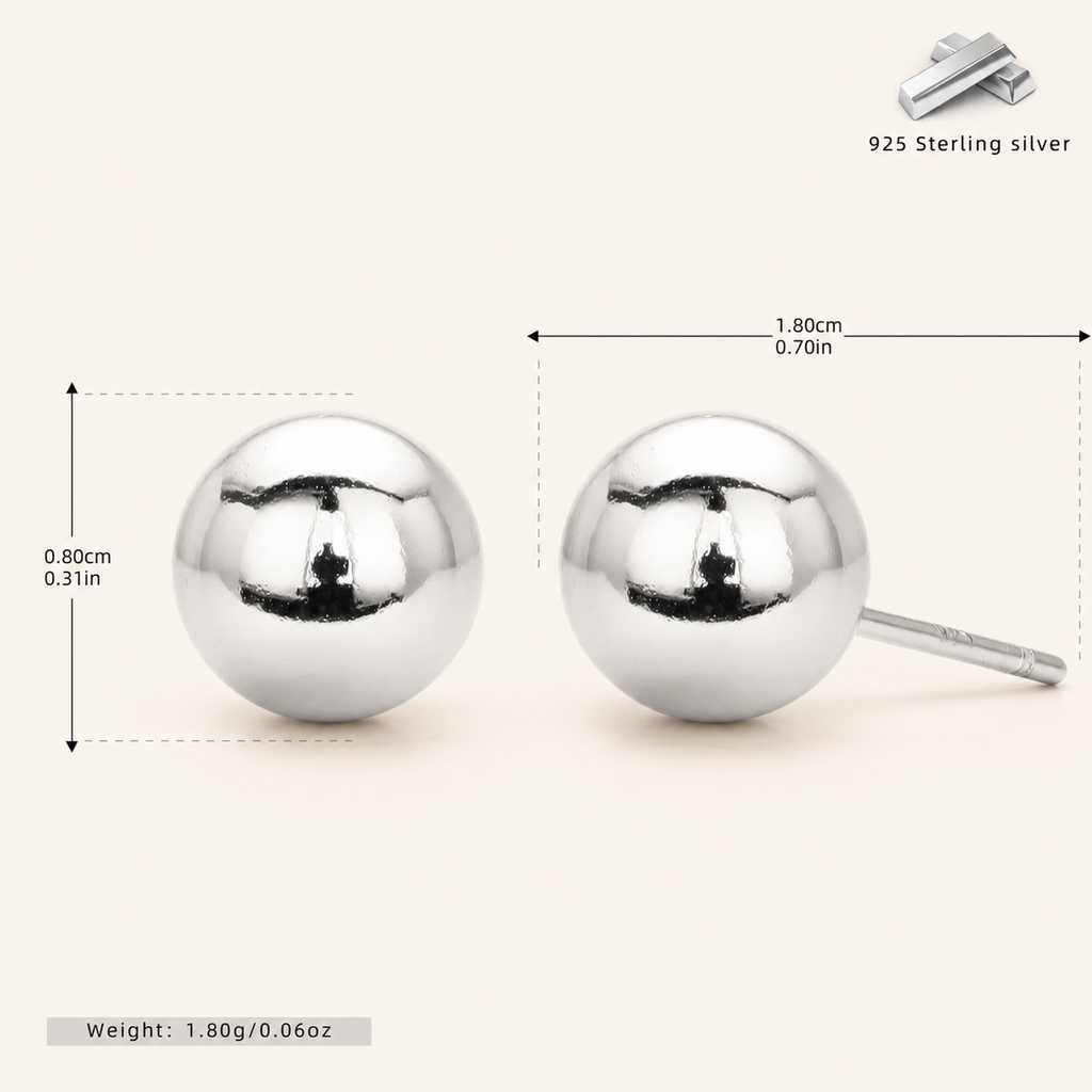 Sterling Silver Ball Bead Stud Earrings - Platinum / 8mm