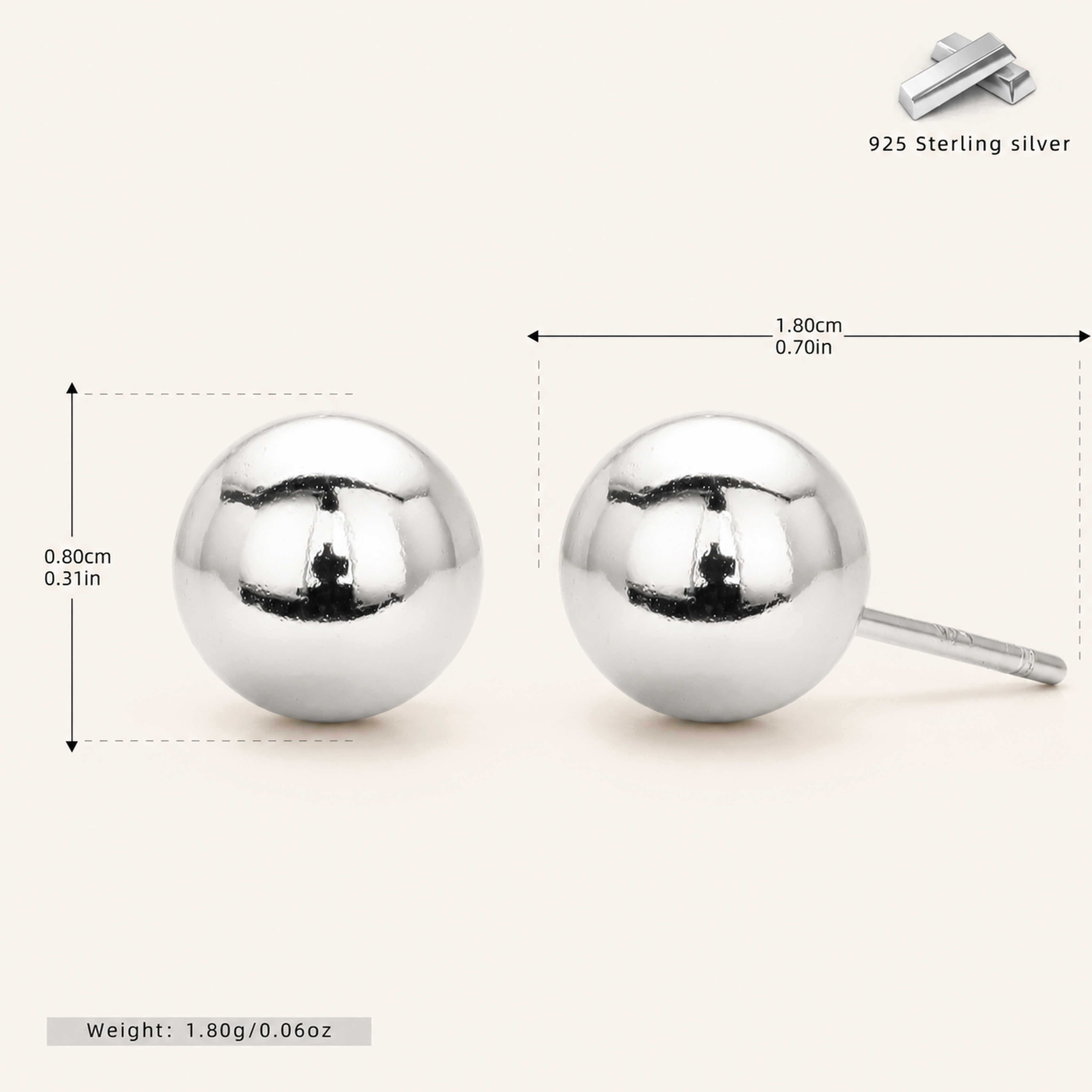 Sterling Silver Ball Bead Stud Earrings - Platinum / 8mm