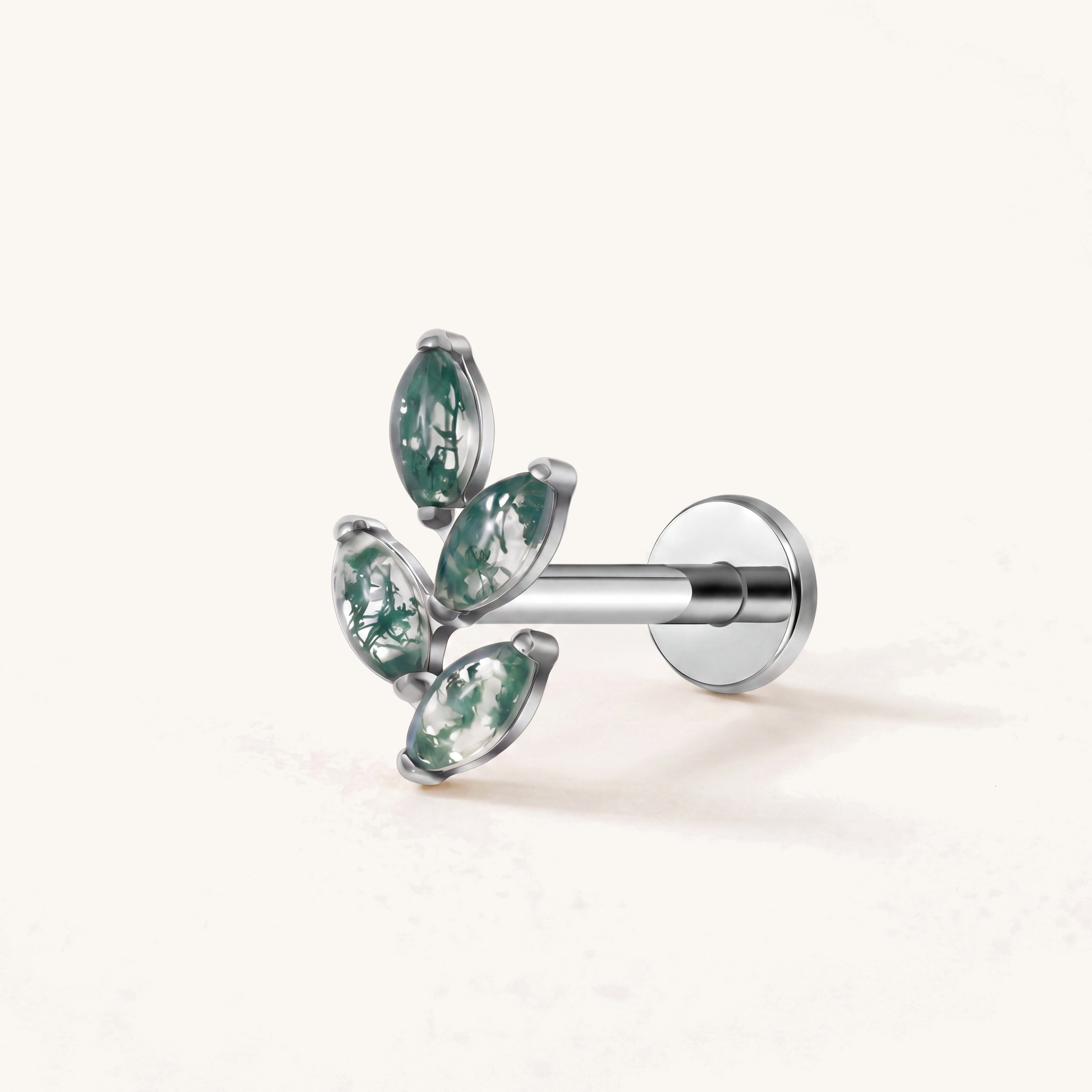 Moss Agate Leaf Spray Titanium Flat Back Earring - Silver
