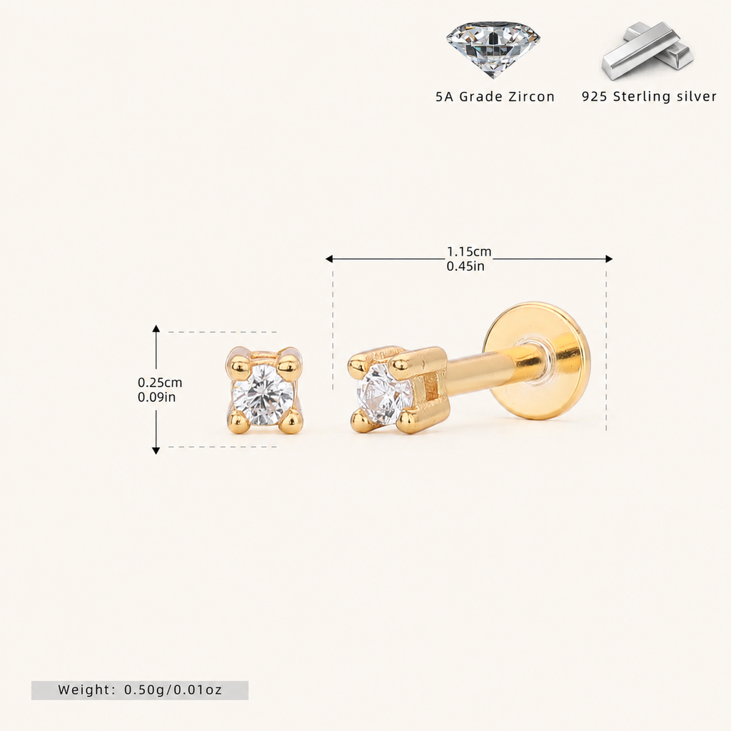Sterling Silver Round Zirconia Solitaire Flat Back Earrings - Gold / 2.0mm