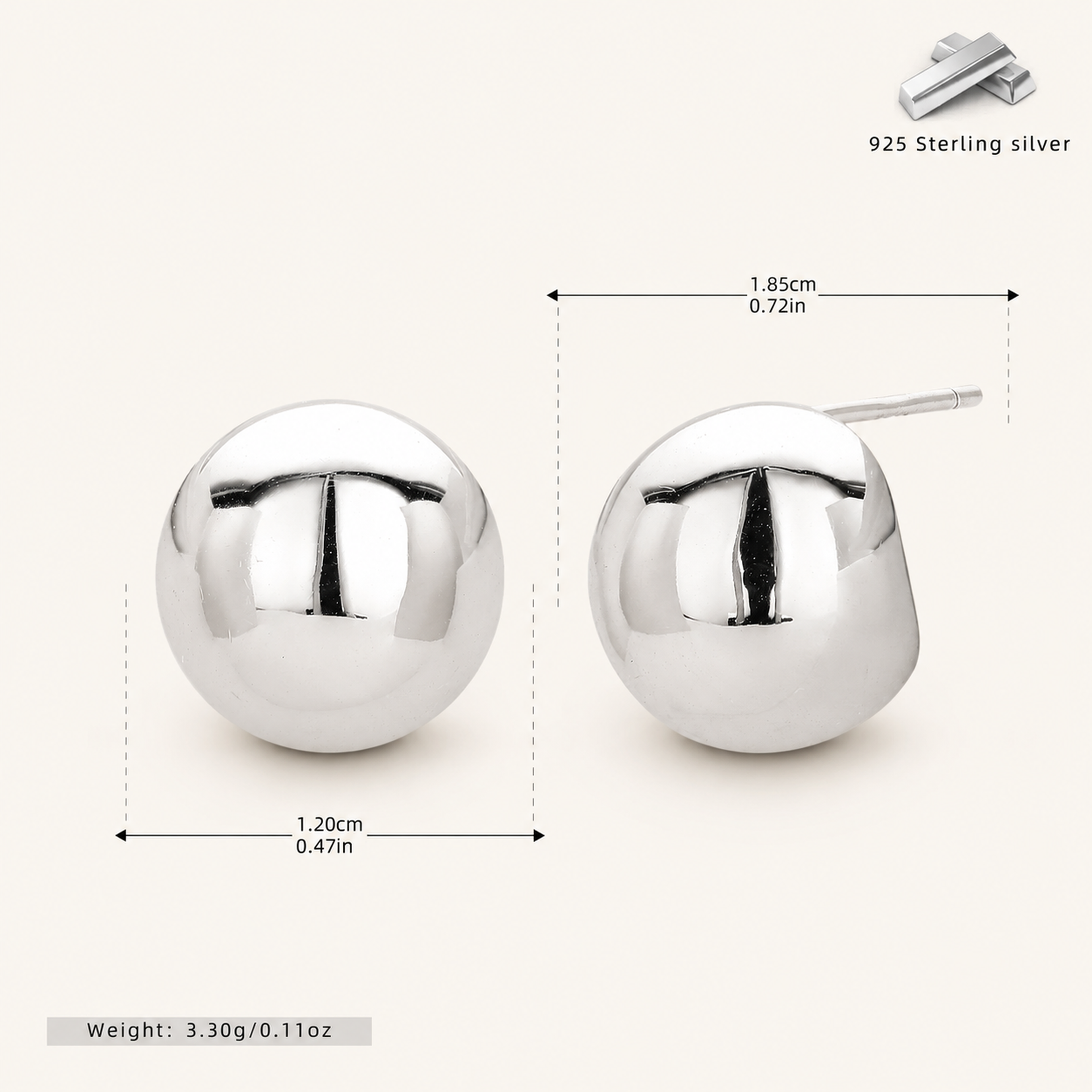 Sterling Silver Polished Half-Circle Stud Earrings - Platinum / 12mm
