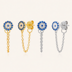 Sterling Silver Evil Eye Zirconia Chain Drop Stud Earrings