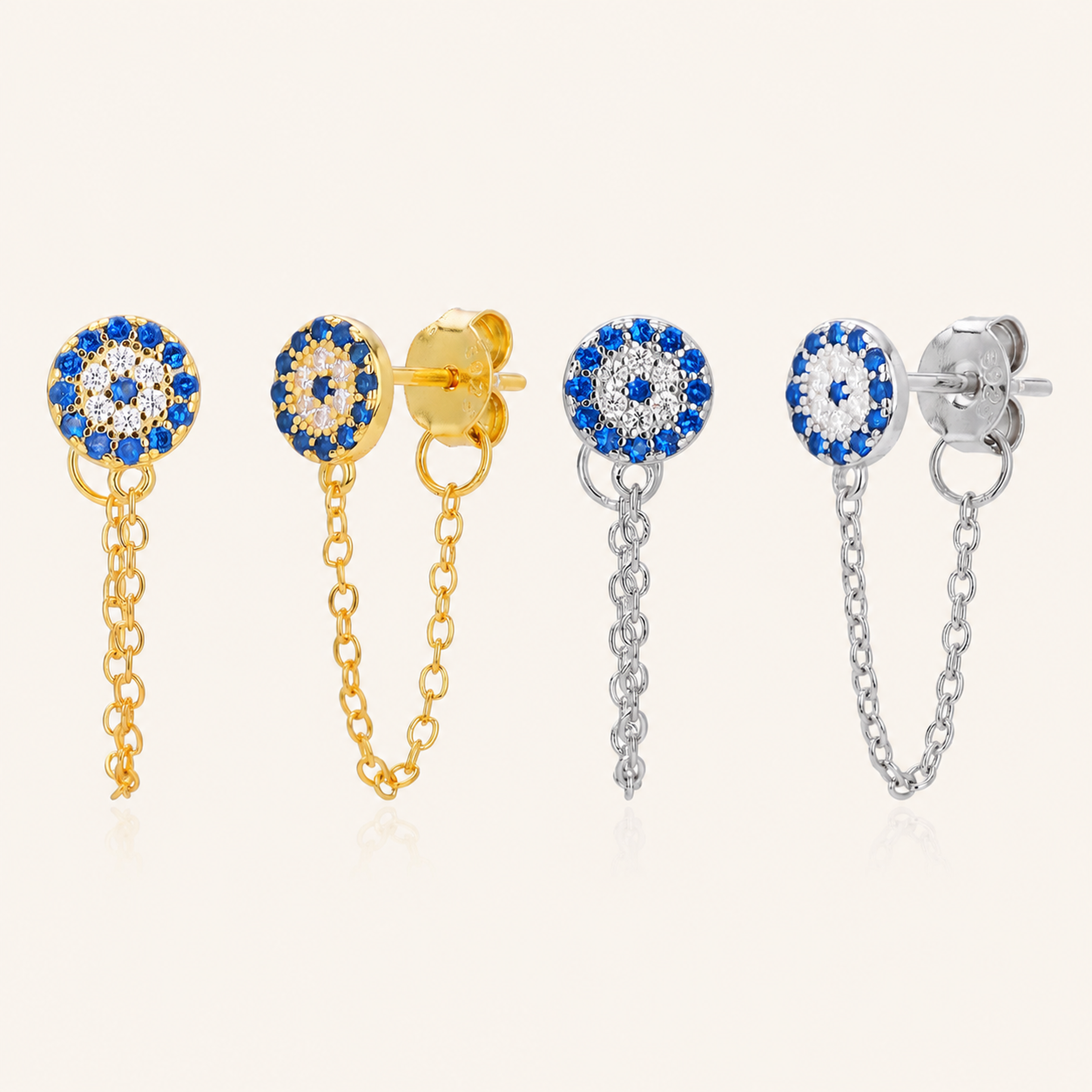 Sterling Silver Evil Eye Zirconia Chain Drop Stud Earrings