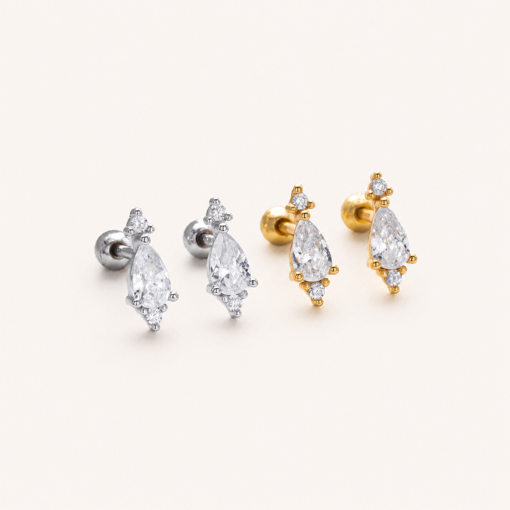 Sterling Silver Teardrop Zirconia Flat Back Earrings detail