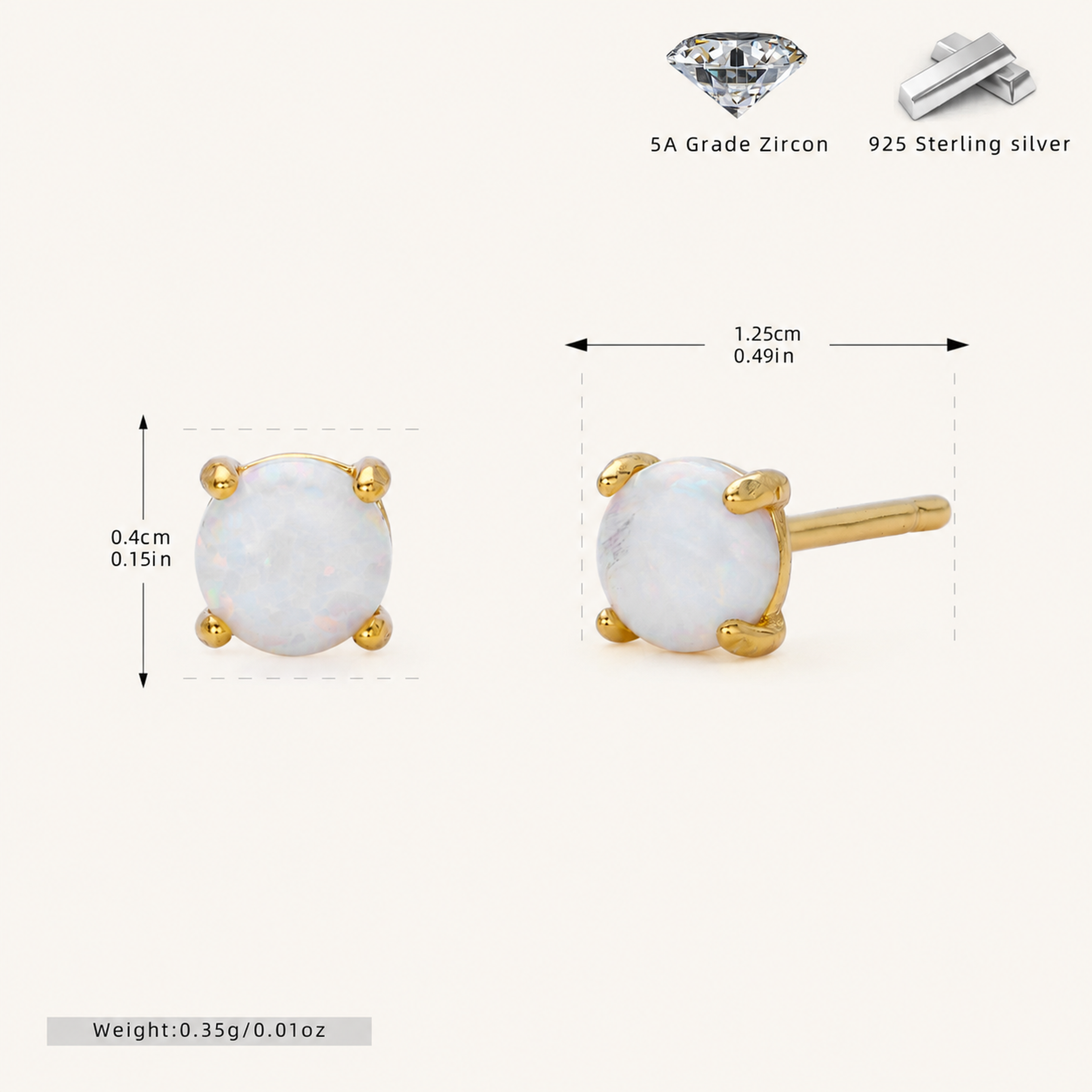 Sterling Silver Mini Opal Stud Earrings - Gold / 4mm / White Opal