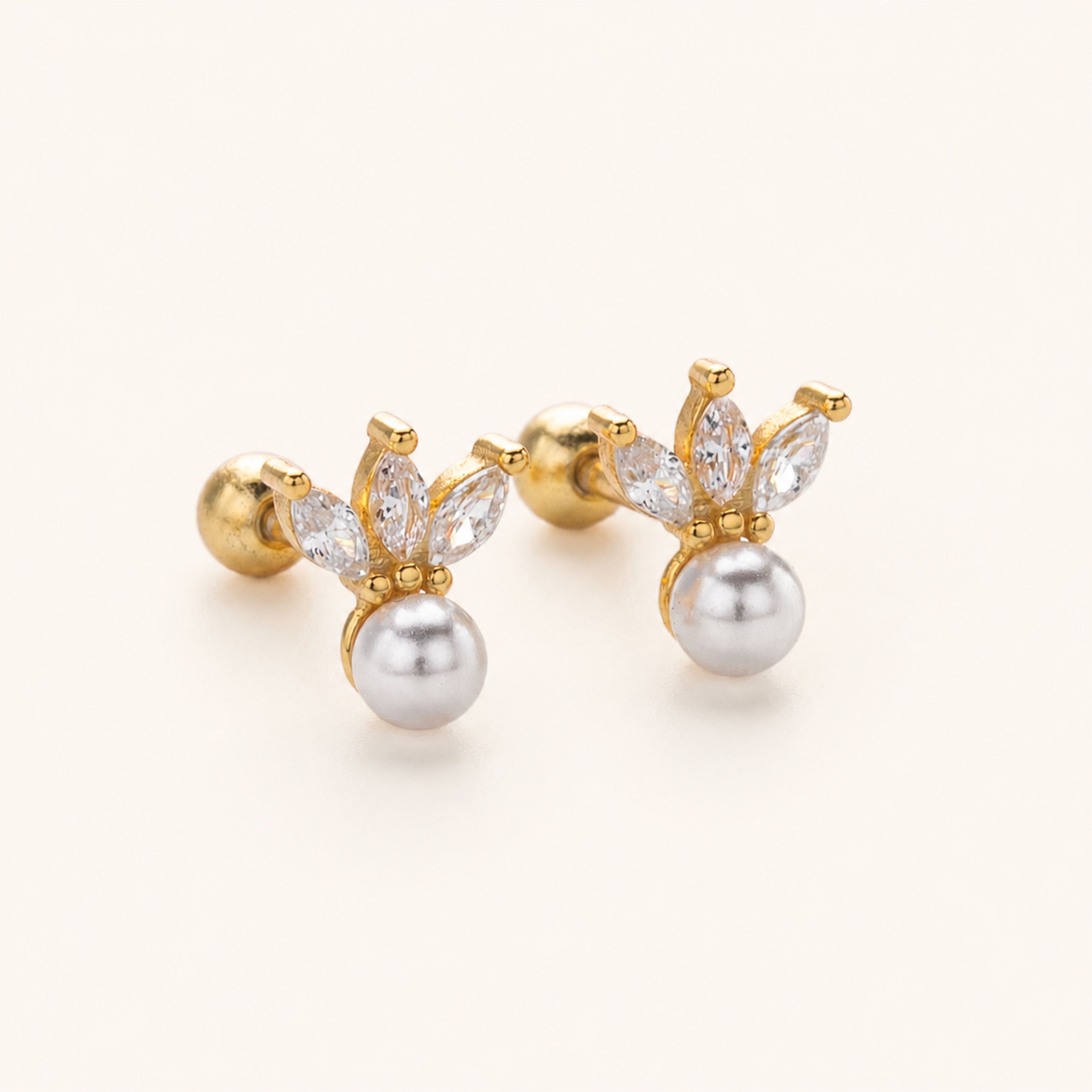 Sterling Silver Crown Pearl Zirconia Flat Back Earrings detail view