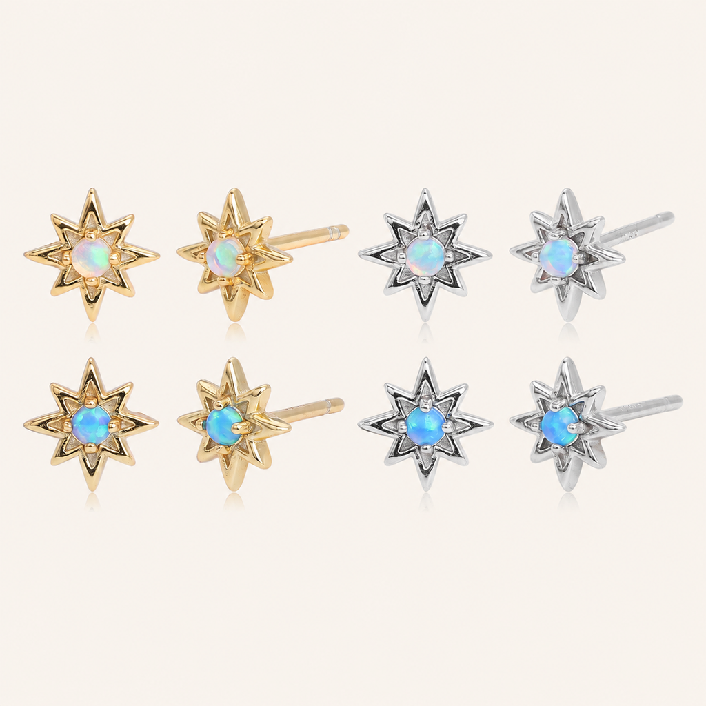 Sterling Silver Opal Eight-Point Star Stud Earrings