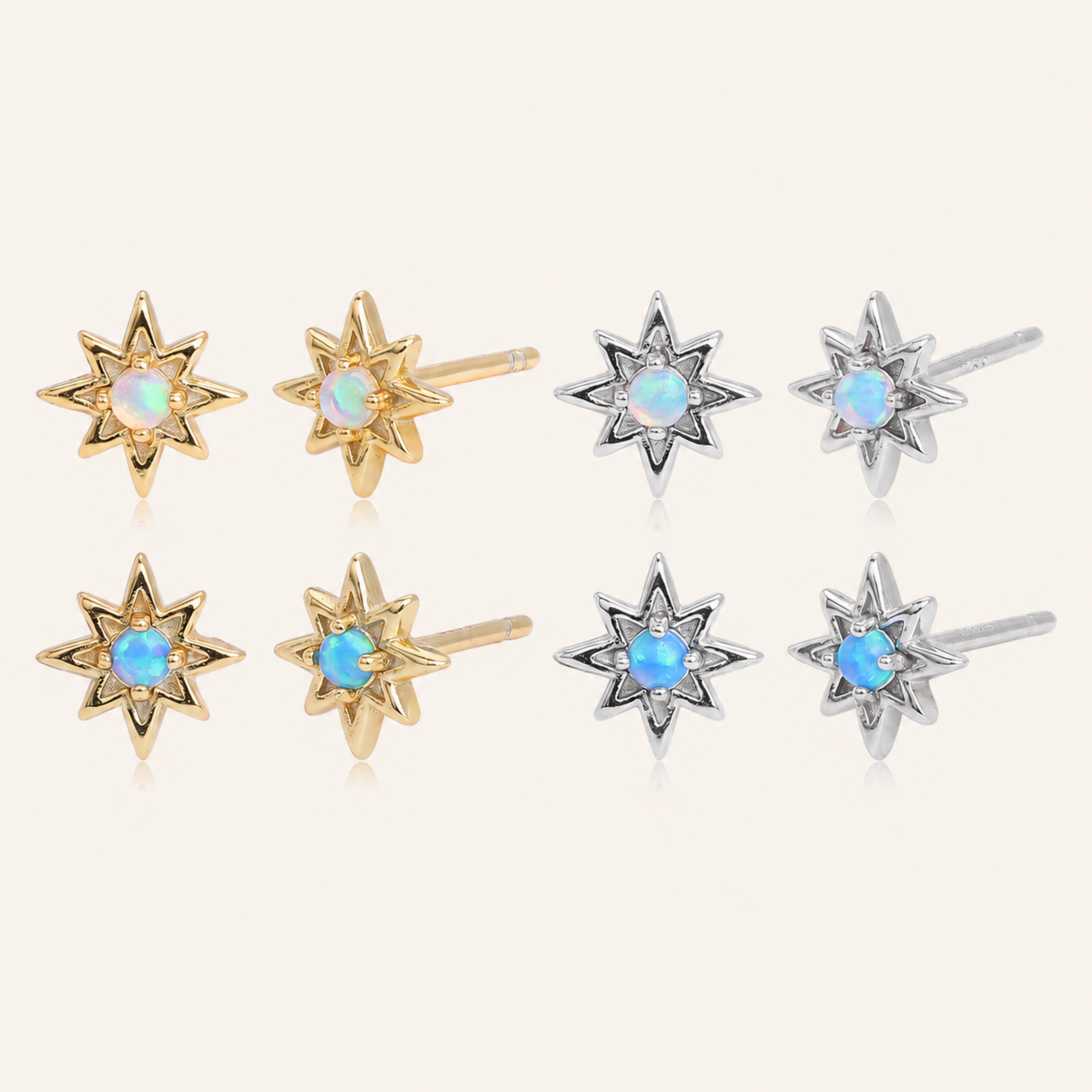 Sterling Silver Opal Eight-Point Star Stud Earrings