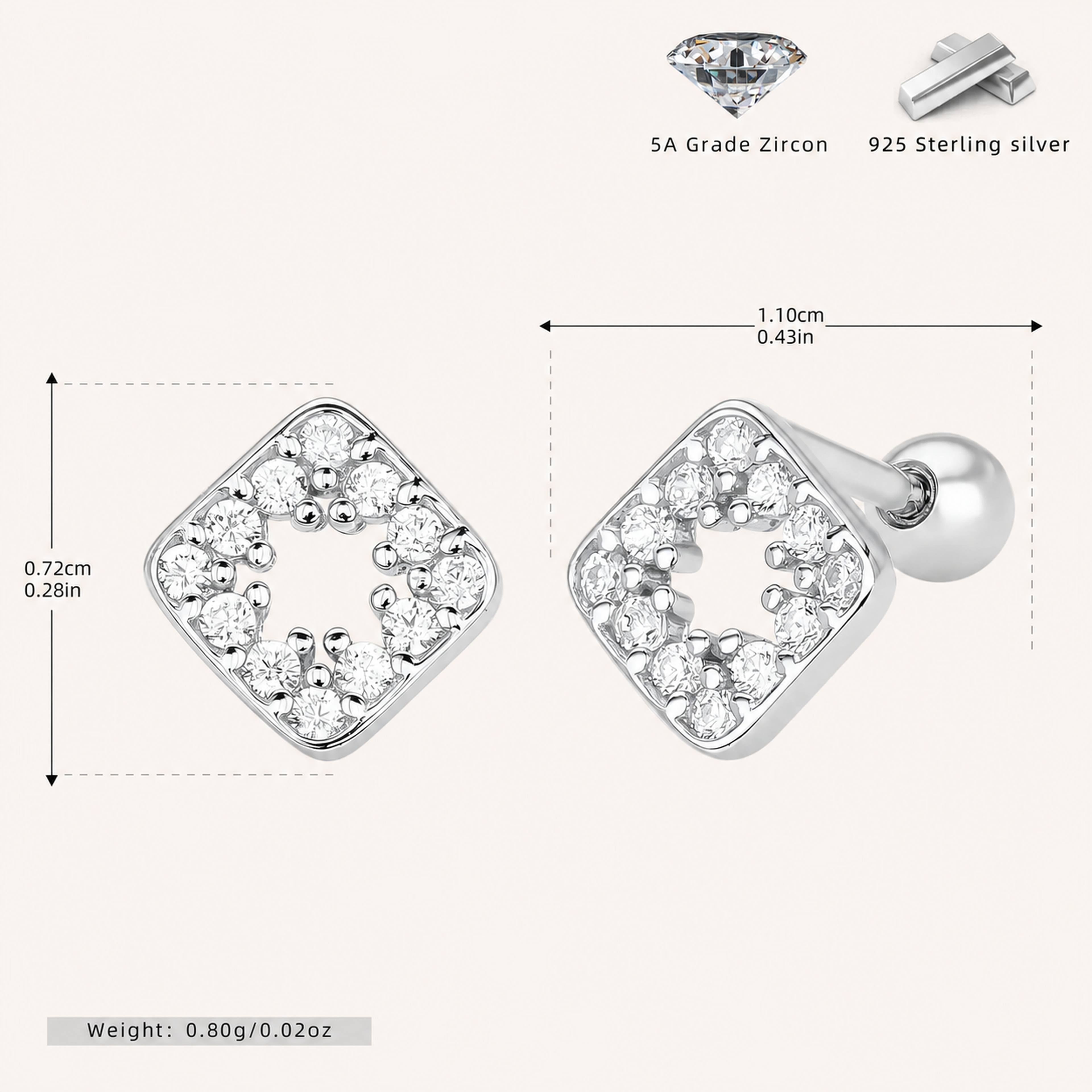 Sterling Silver Openwork Diamond Zirconia Flat Back Earrings - Platinum