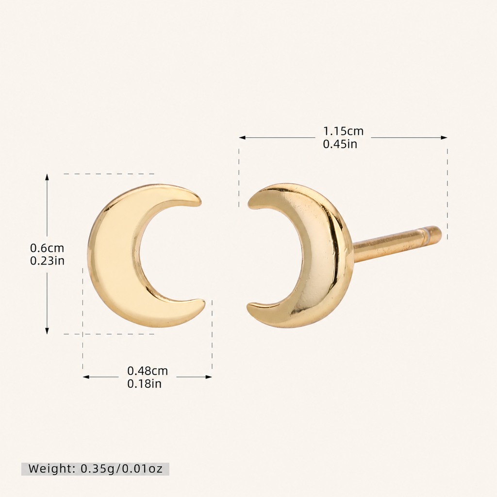Sterling Silver Polished Moon Stud Earrings - Gold