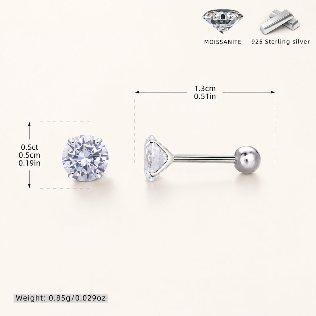 Sterling Silver Moissanite Four-Prong Solitaire Flat Back Earrings - Platinum / 5mm