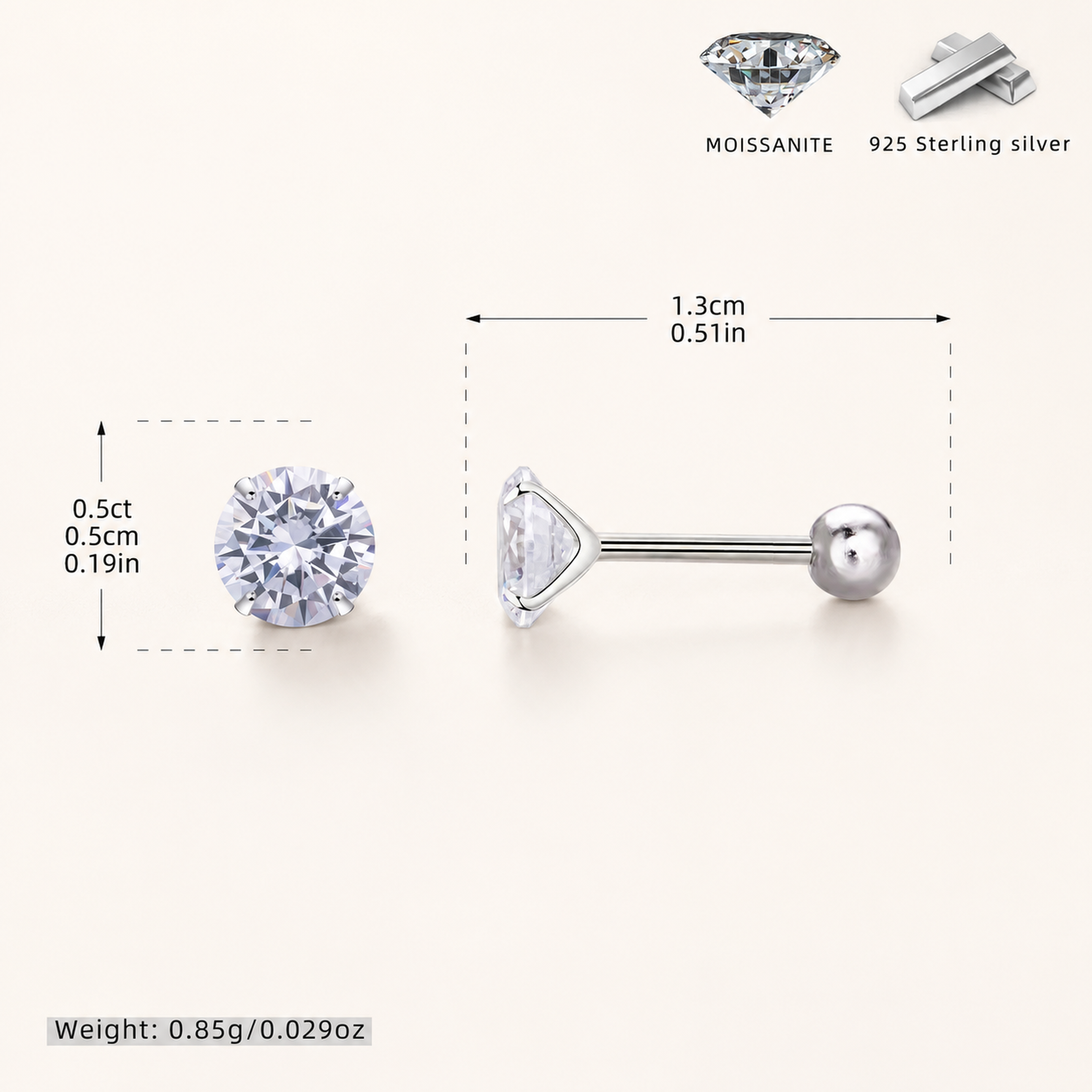 Sterling Silver Moissanite Four-Prong Solitaire Flat Back Earrings - Platinum / 5mm