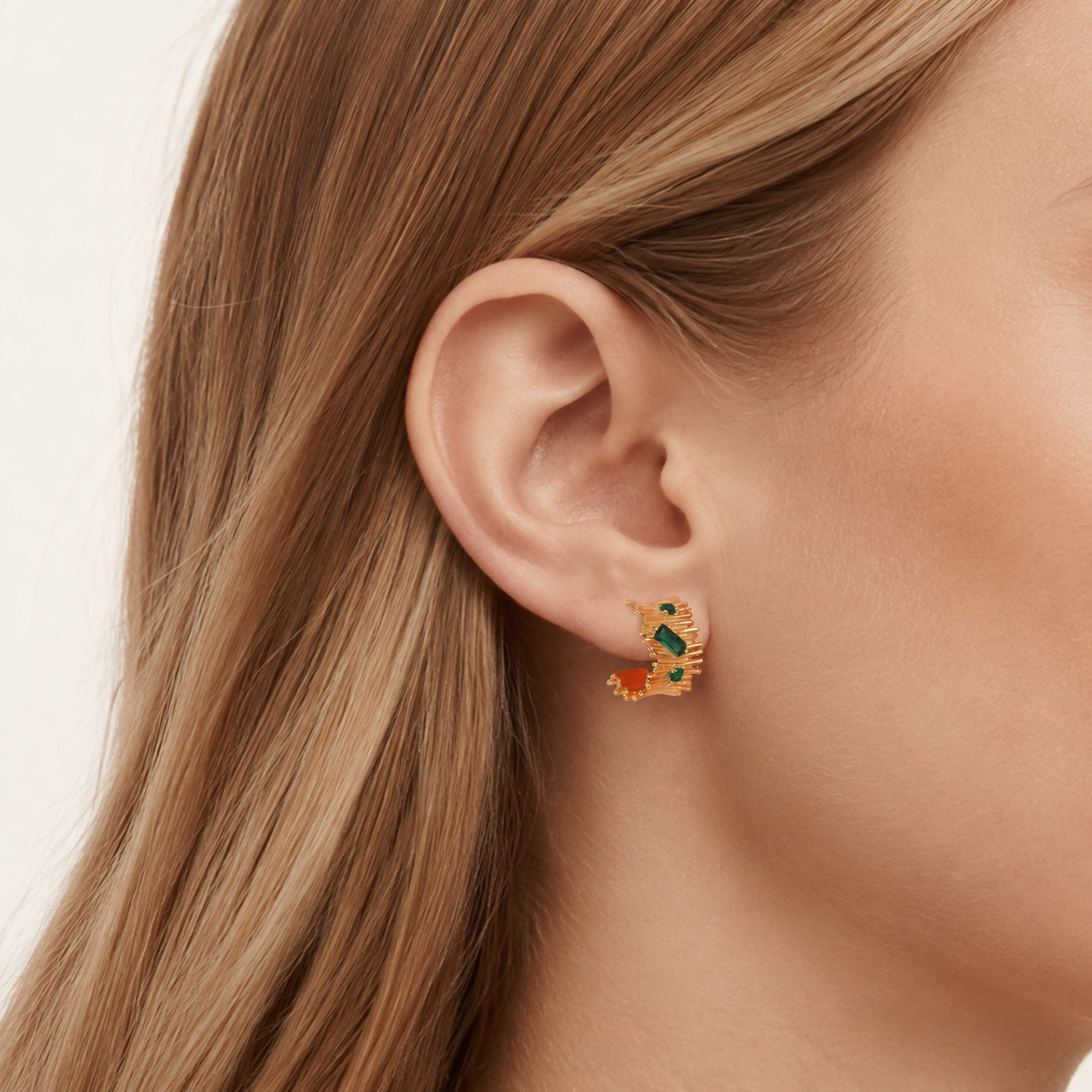 Sterling Silver Irregular C-Shape Zirconia Stud Earrings worn on the ear
