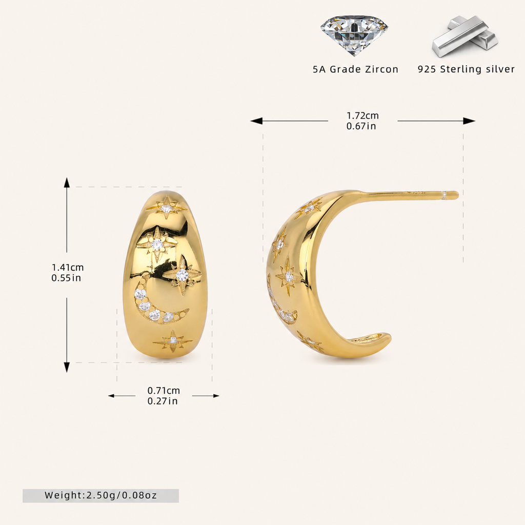 Sterling Silver Pave Star and Moon Stud Earrings - Gold