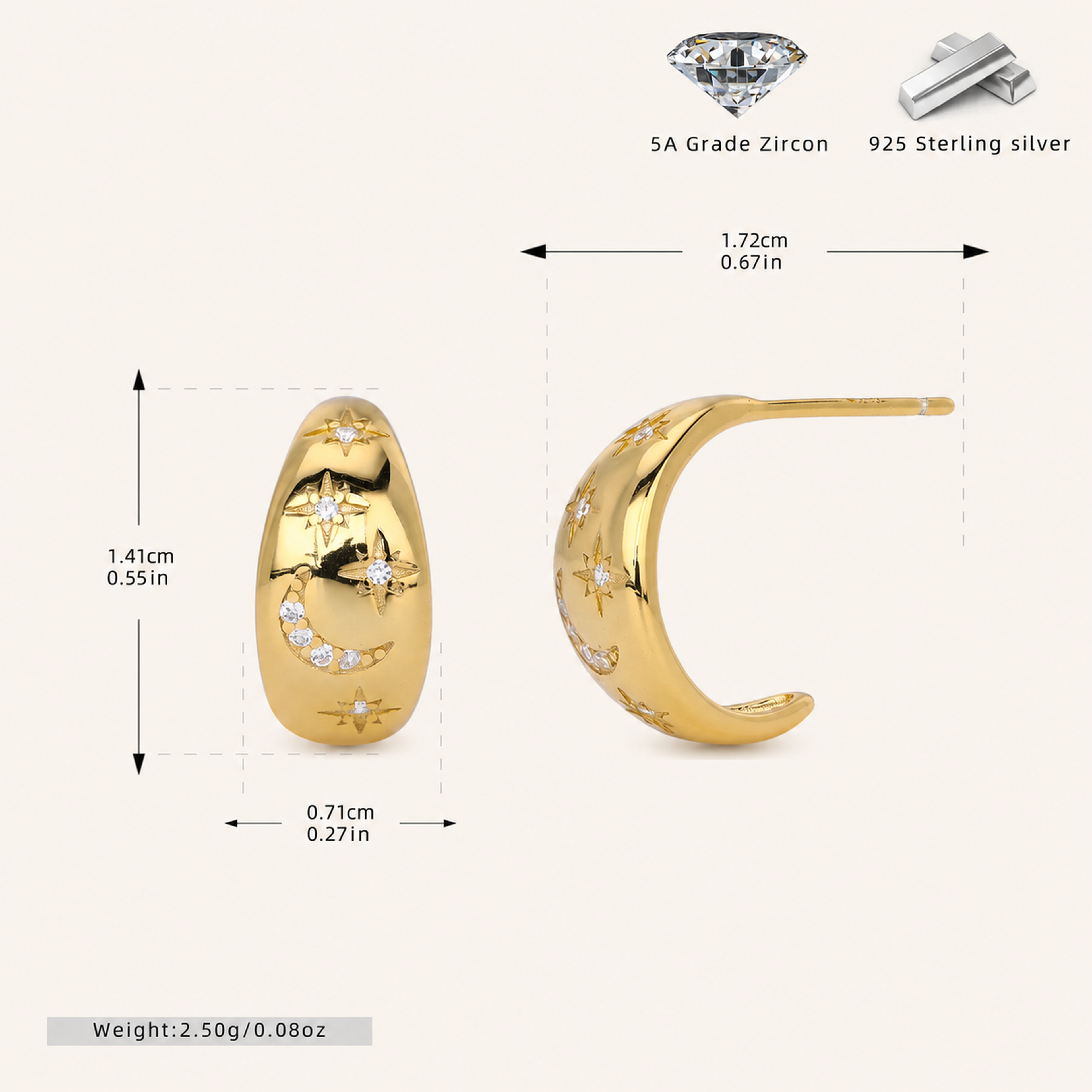 Sterling Silver Pave Star and Moon Stud Earrings - Gold