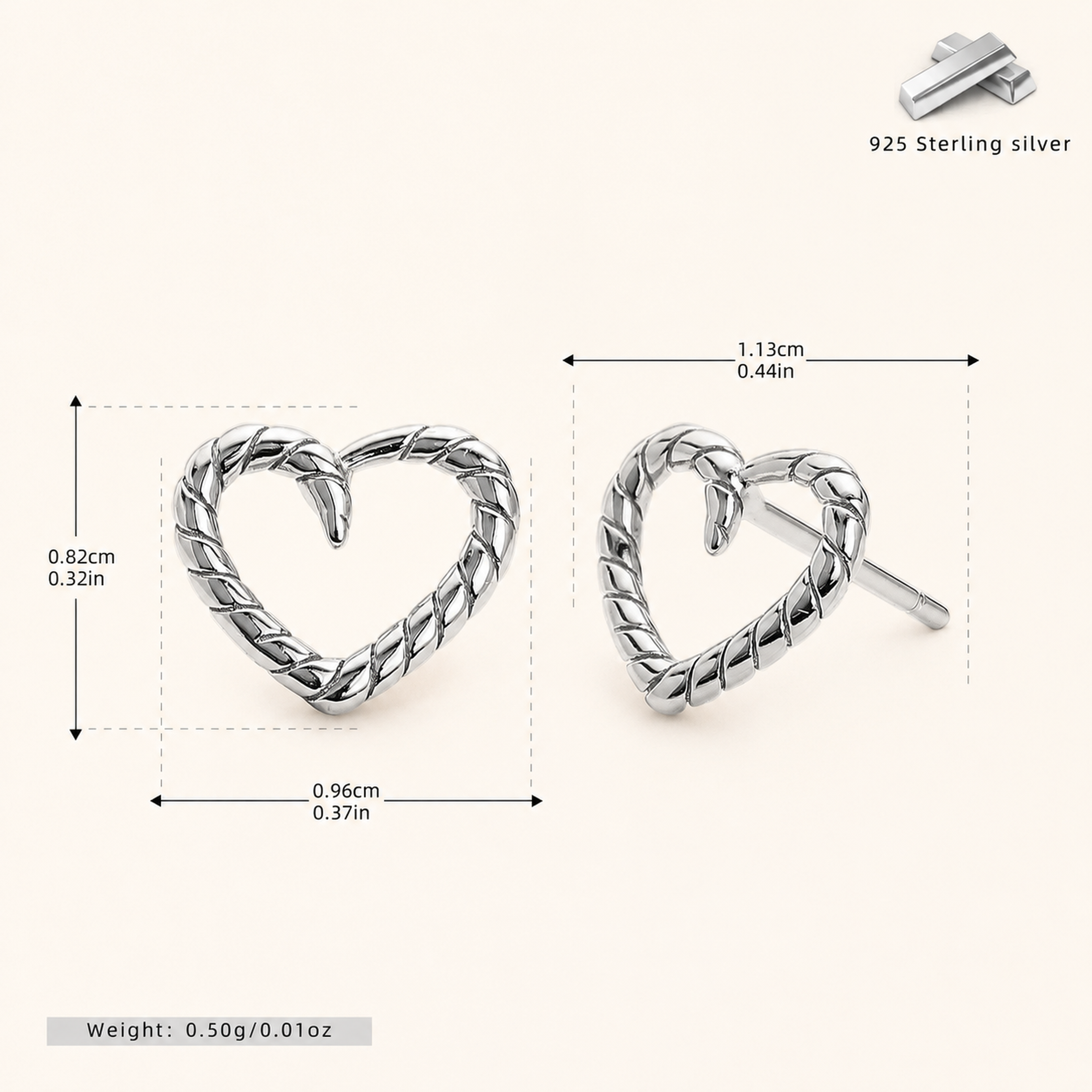 Sterling Silver Polished Heart Stud Earrings - Platinum