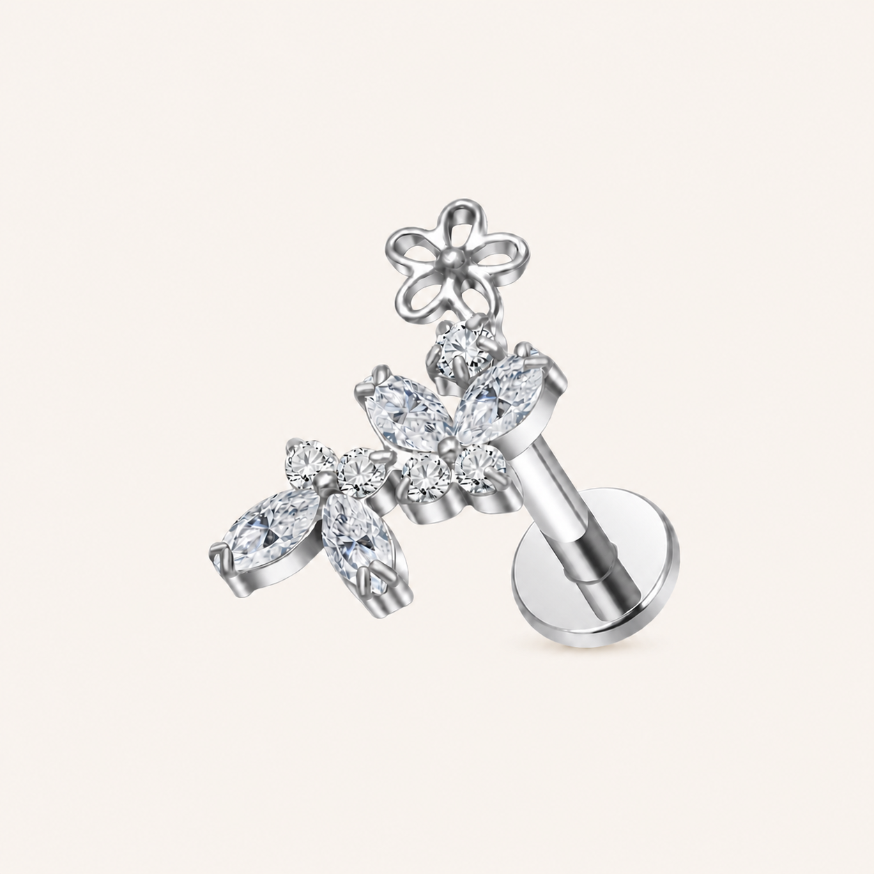 Butterfly Flower Crystal Titanium Flat Back Earring - Silver