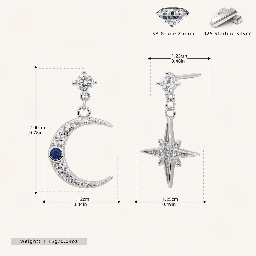 Sterling Silver Star and Moon Chain Drop Stud Earrings - Platinum