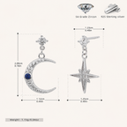 Sterling Silver Star and Moon Chain Drop Stud Earrings - Platinum