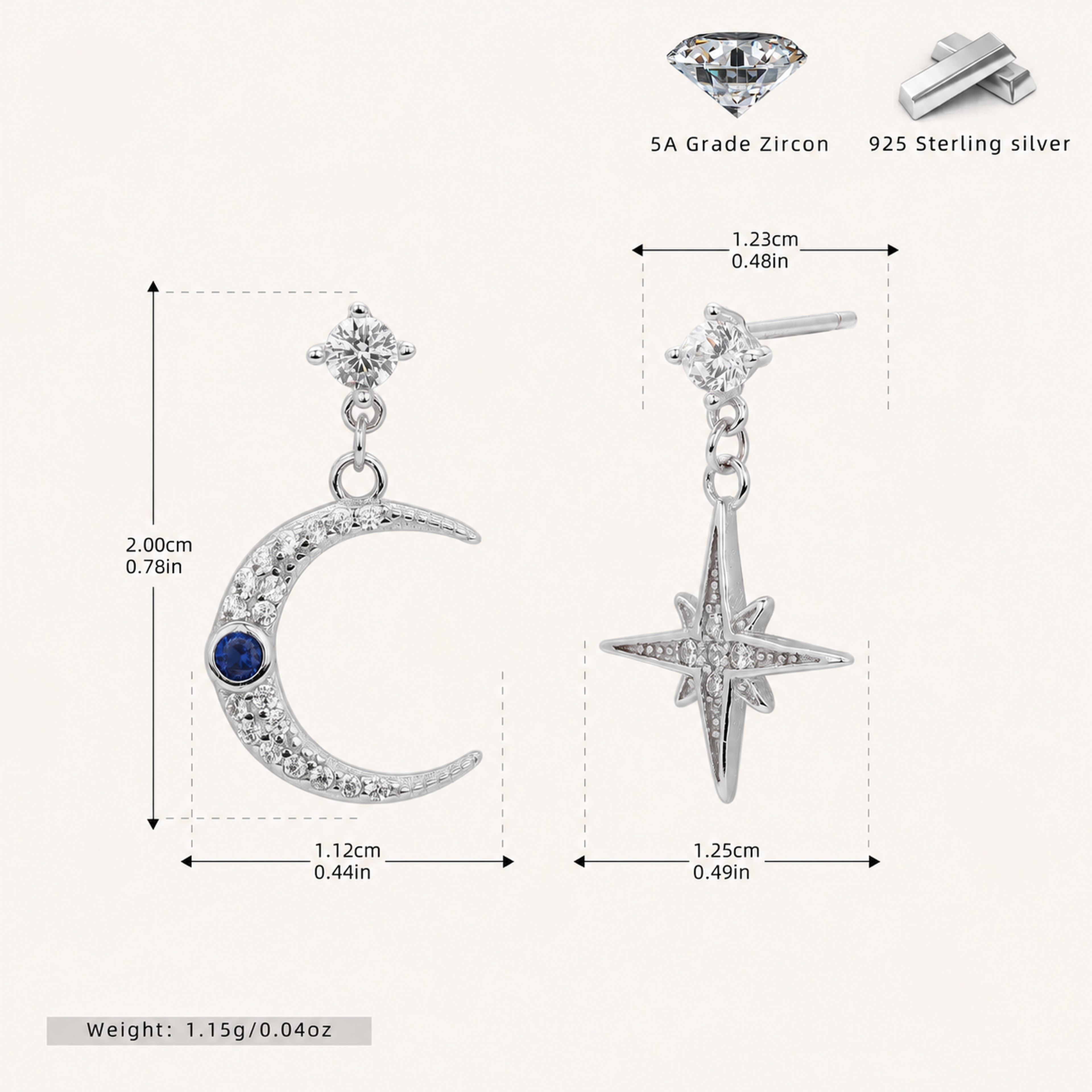 Sterling Silver Star and Moon Chain Drop Stud Earrings - Platinum