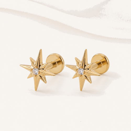 Four-Point Star Titanium Stud Earrings - Gold