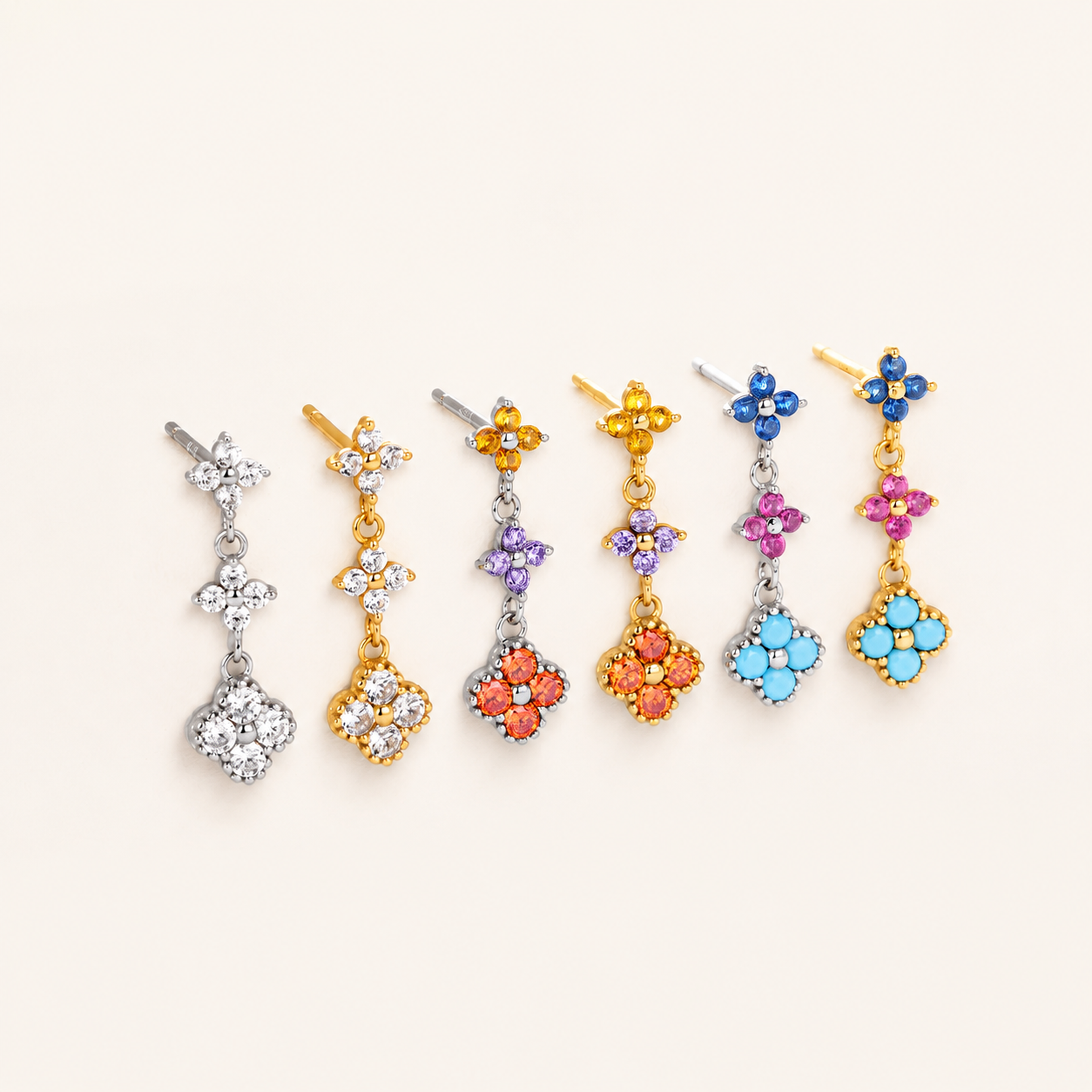 Sterling Silver Colored Zirconia Flower Stud Earrings detail
