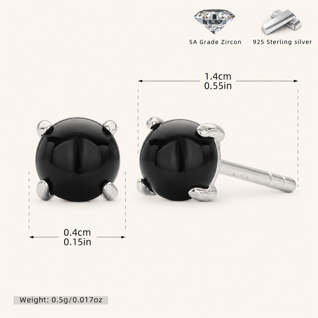 Sterling Silver Gemstone Solitaire Stud Earrings - Platinum / Black Agate