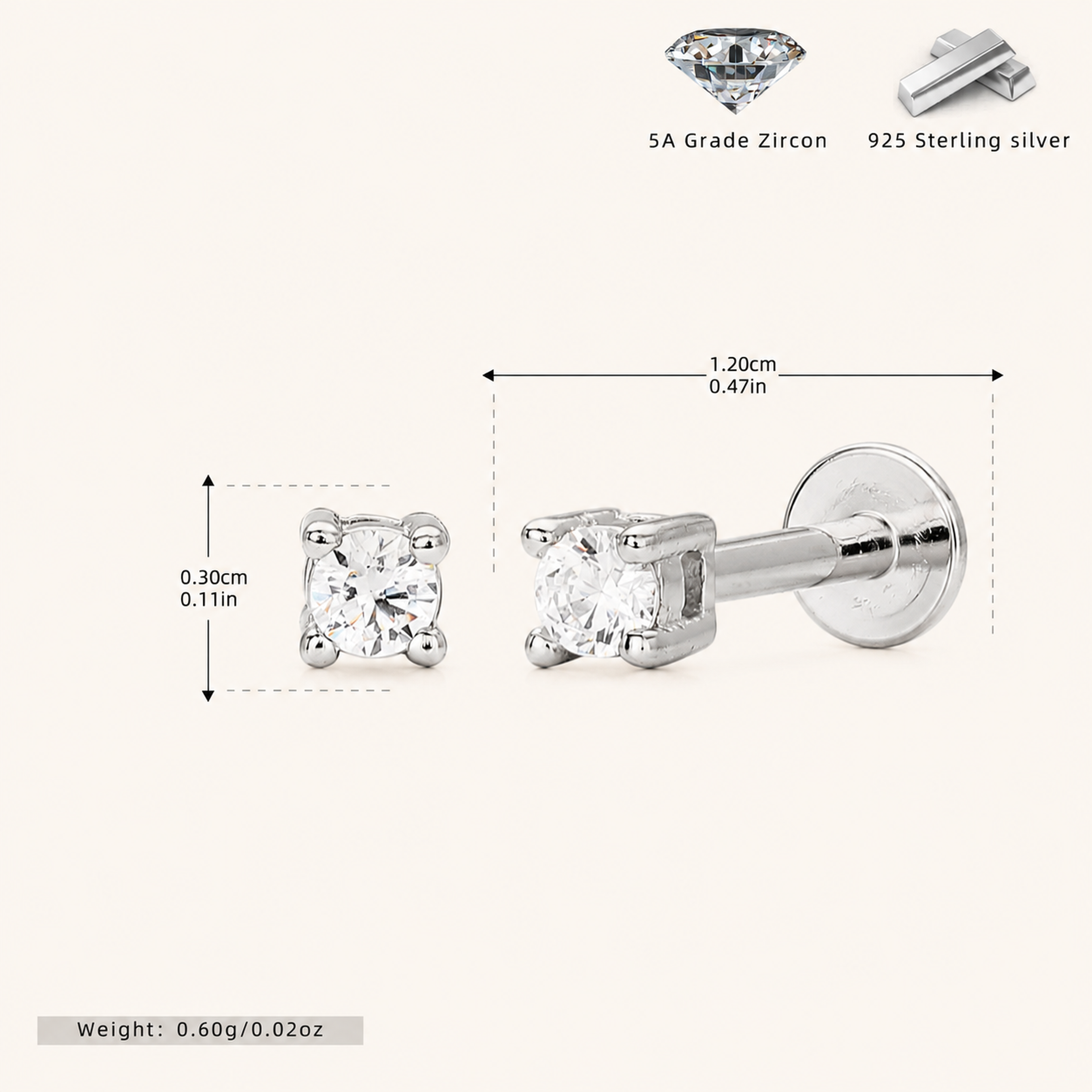 Sterling Silver Round Zirconia Solitaire Flat Back Earrings - Platinum / 2.5mm