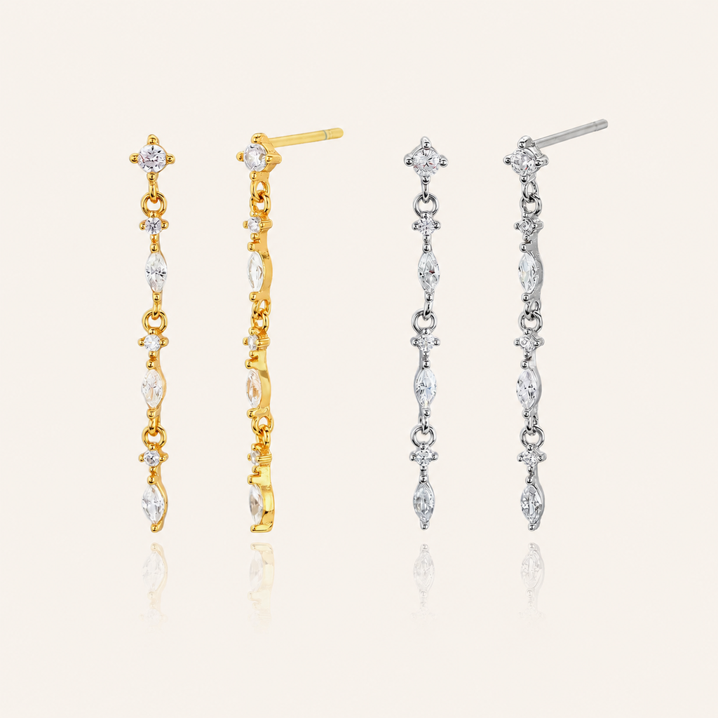 Sterling Silver Zirconia Chain Tassel Drop Stud Earrings