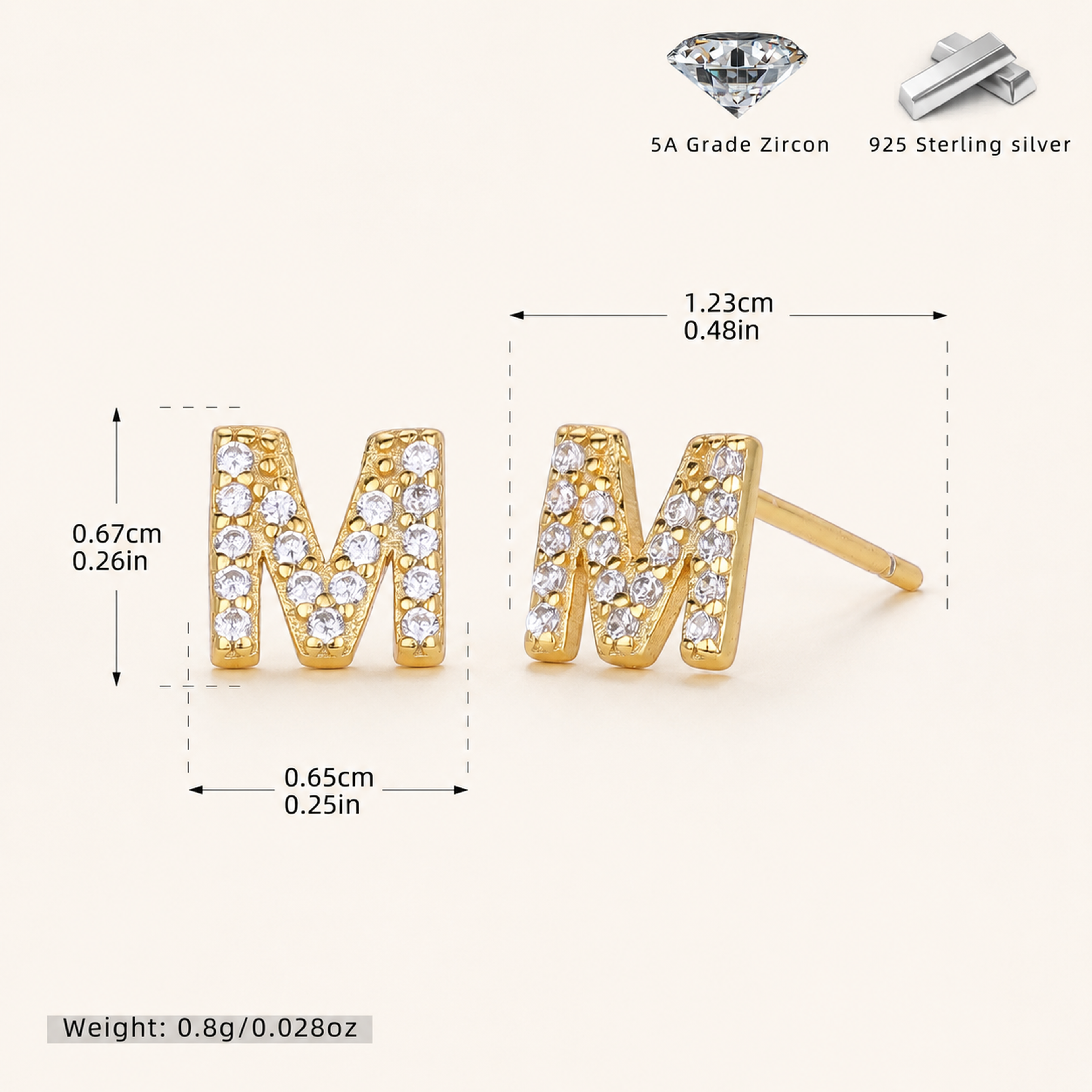 Sterling Silver Pave Initial Letter Stud Earrings - Gold / M