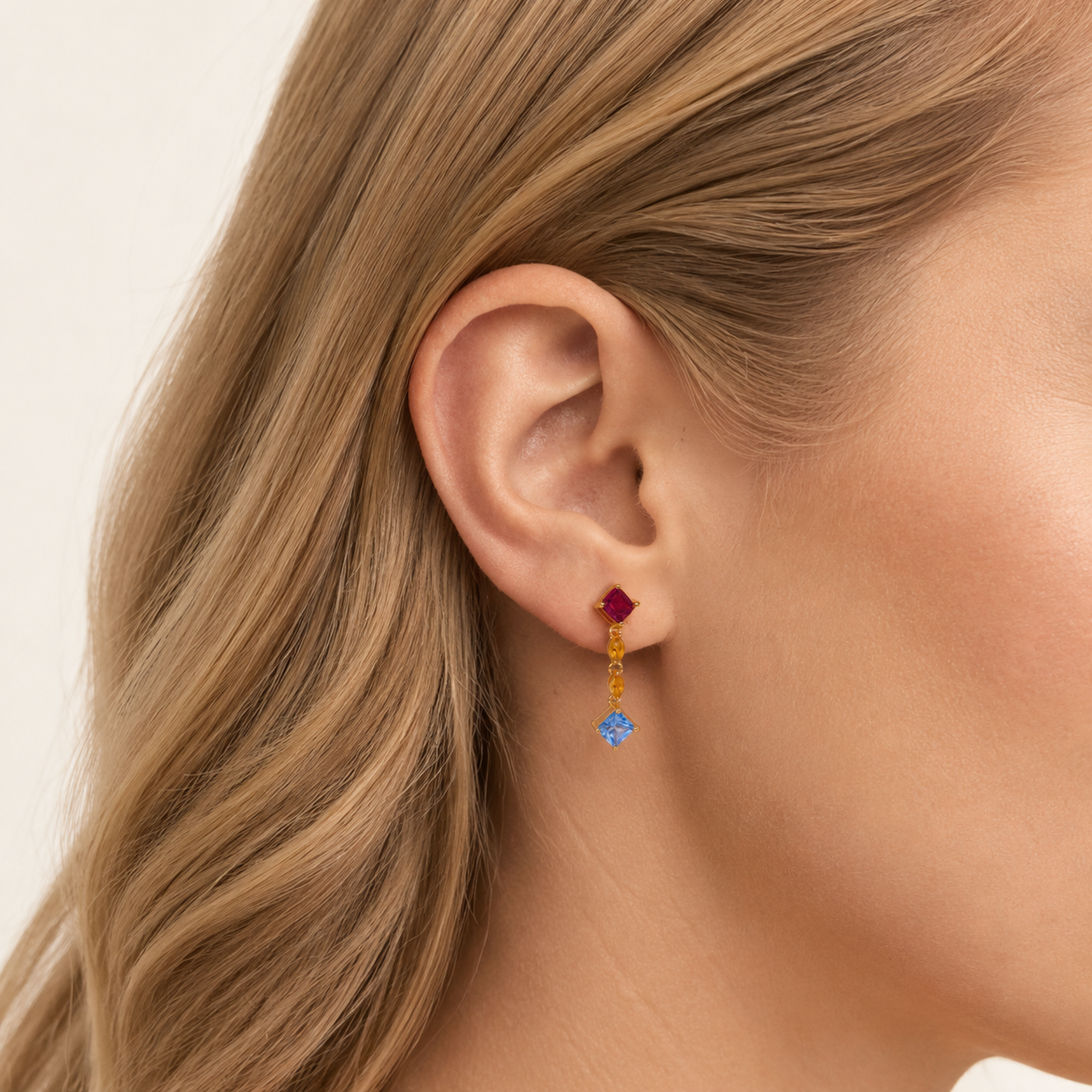 Sterling Silver Square Zirconia Tassel Drop Stud Earrings worn on the ear