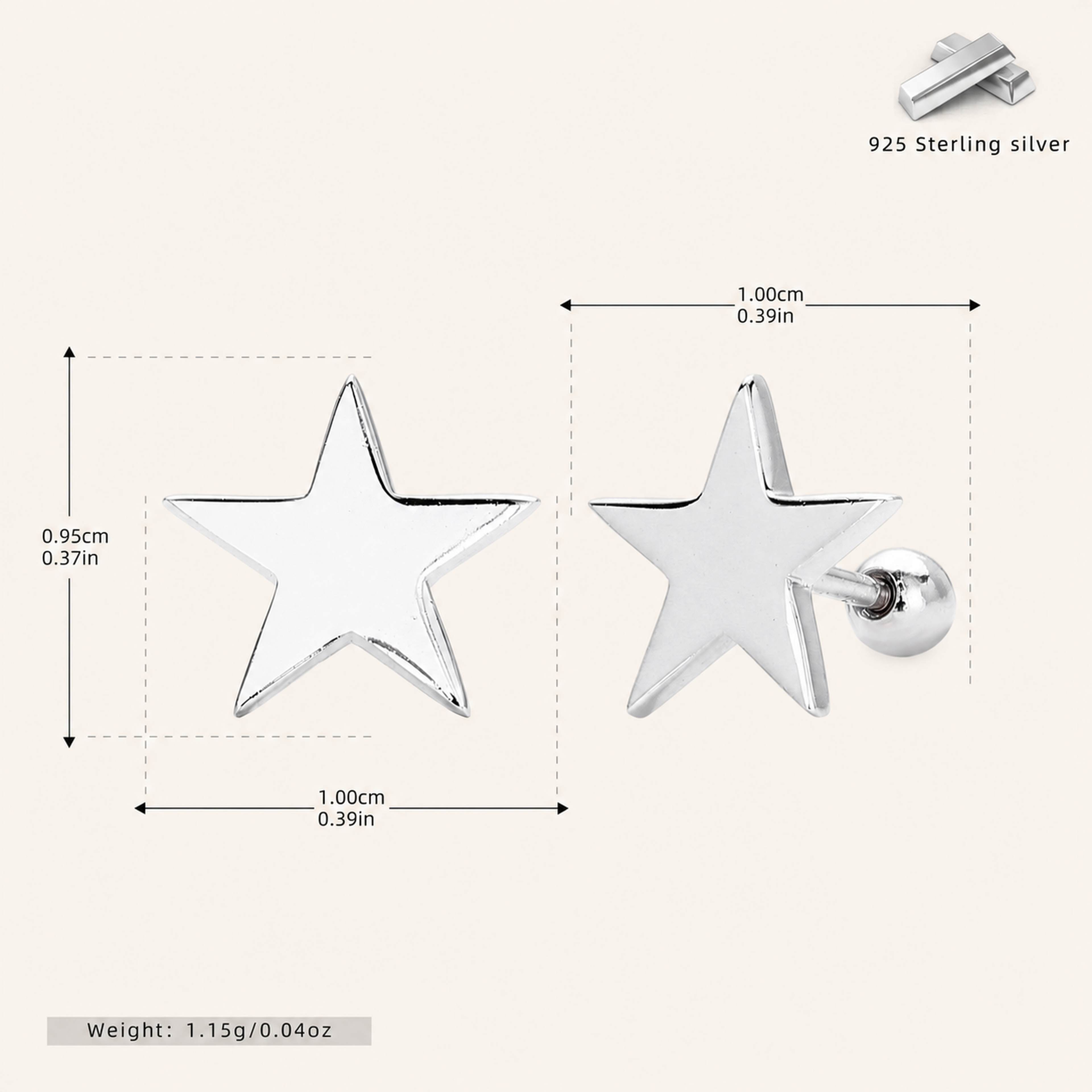Sterling Silver Five-Point Star Flat Back Earrings - Platinum