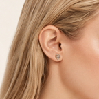 Sterling Silver Zirconia Heart Stud Earrings worn on the ear
