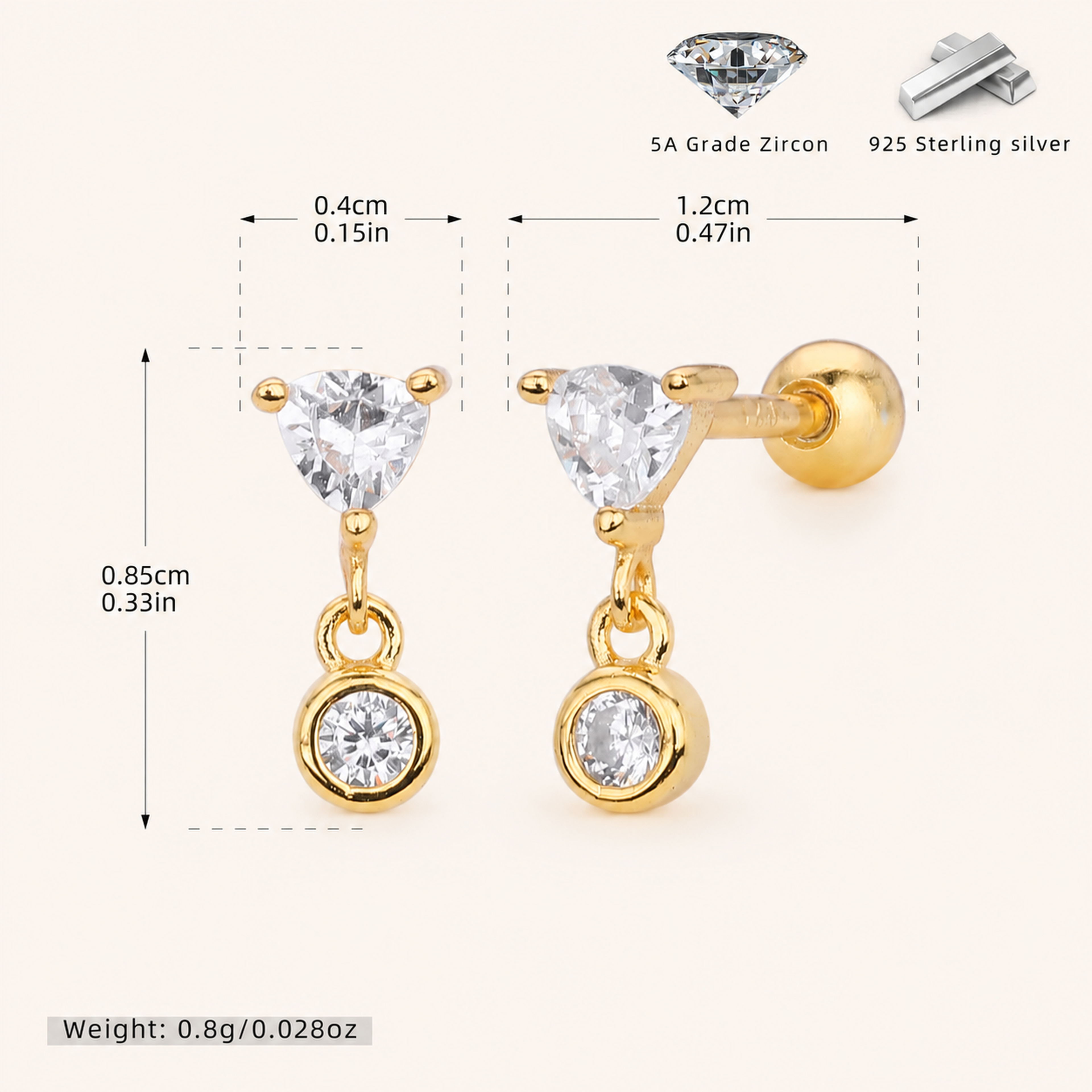 Sterling Silver Pave Zirconia Flat Back Earrings - Gold