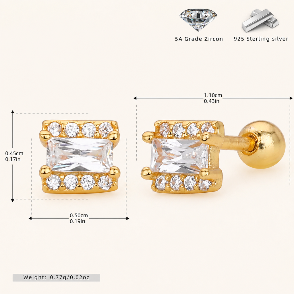 Sterling Silver Square Zirconia Flat Back Earrings - Gold