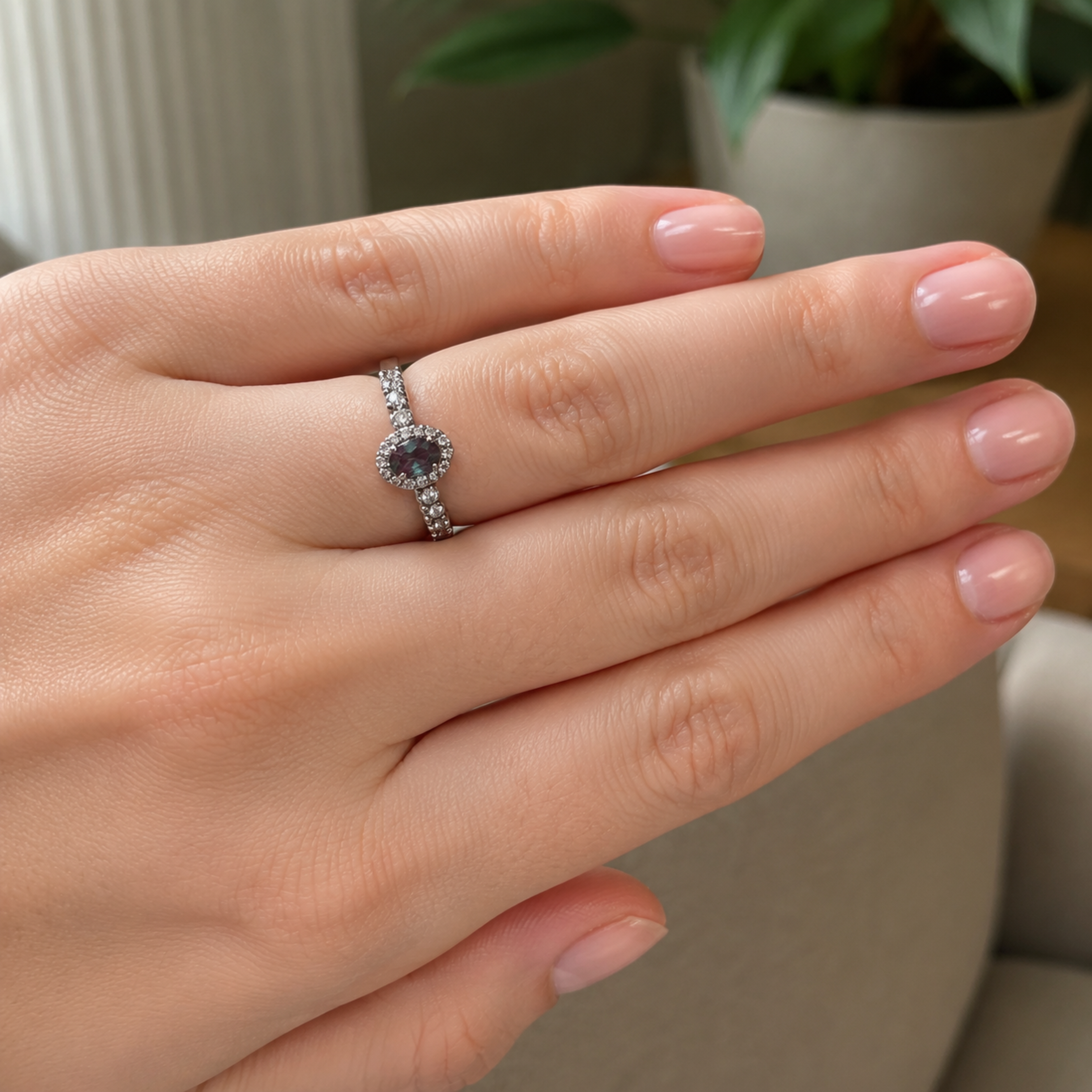 Rosette Trail Lab-Grown Alexandrite Ring worn on hand