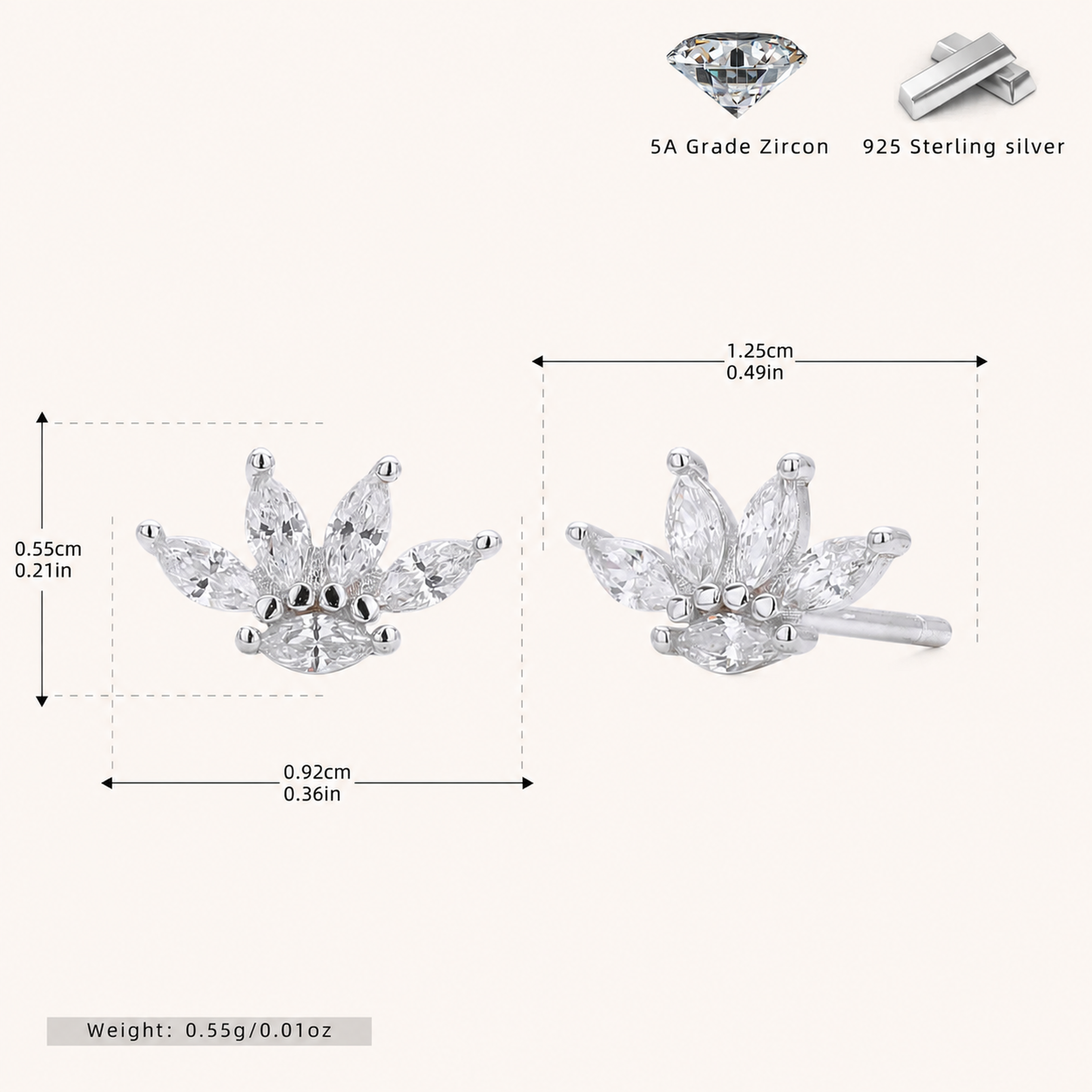 Sterling Silver Zirconia Crown Stud Earrings - Platinum