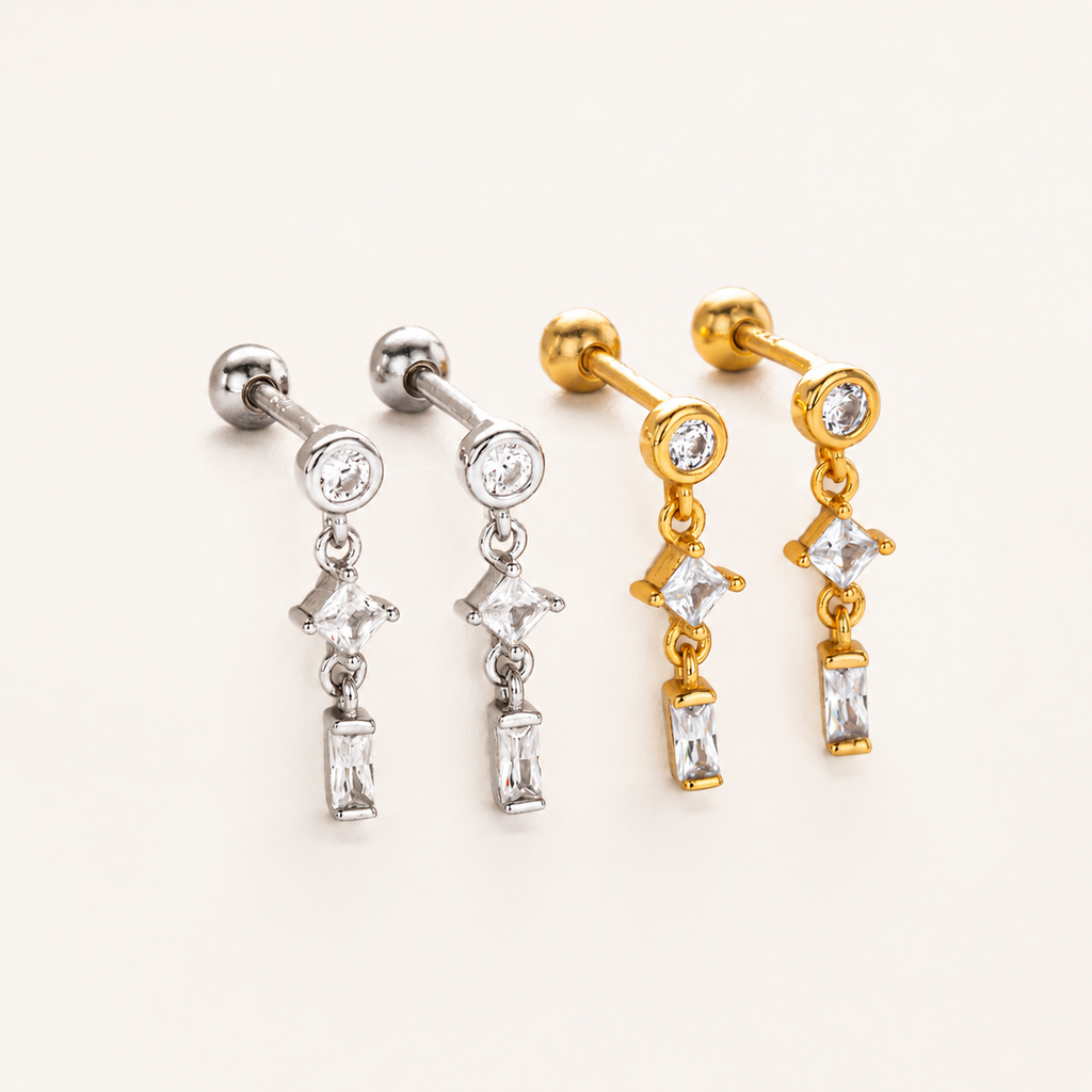 Sterling Silver Twisted Bead Zirconia Drop Flat Back Earrings detail