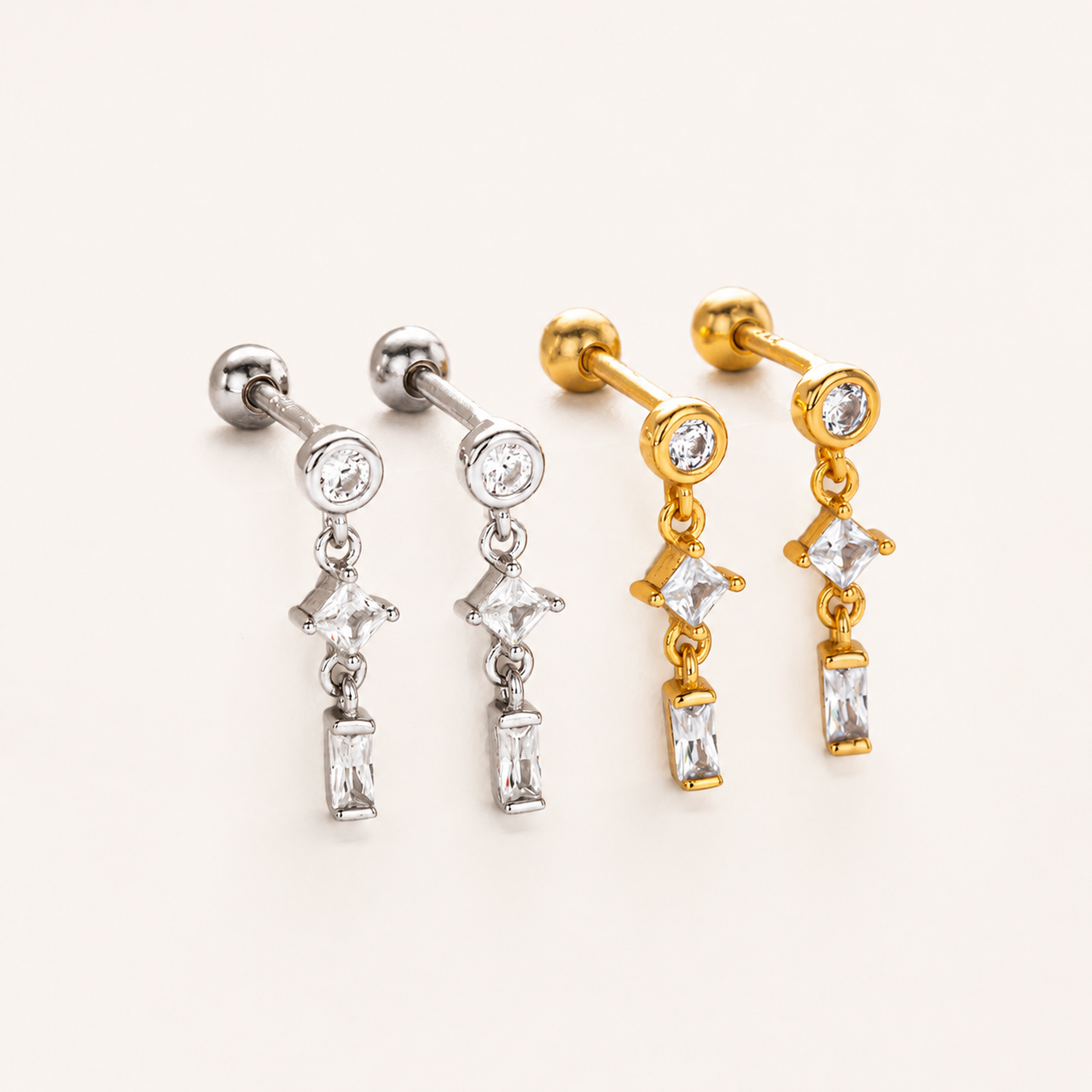 Sterling Silver Twisted Bead Zirconia Drop Flat Back Earrings detail