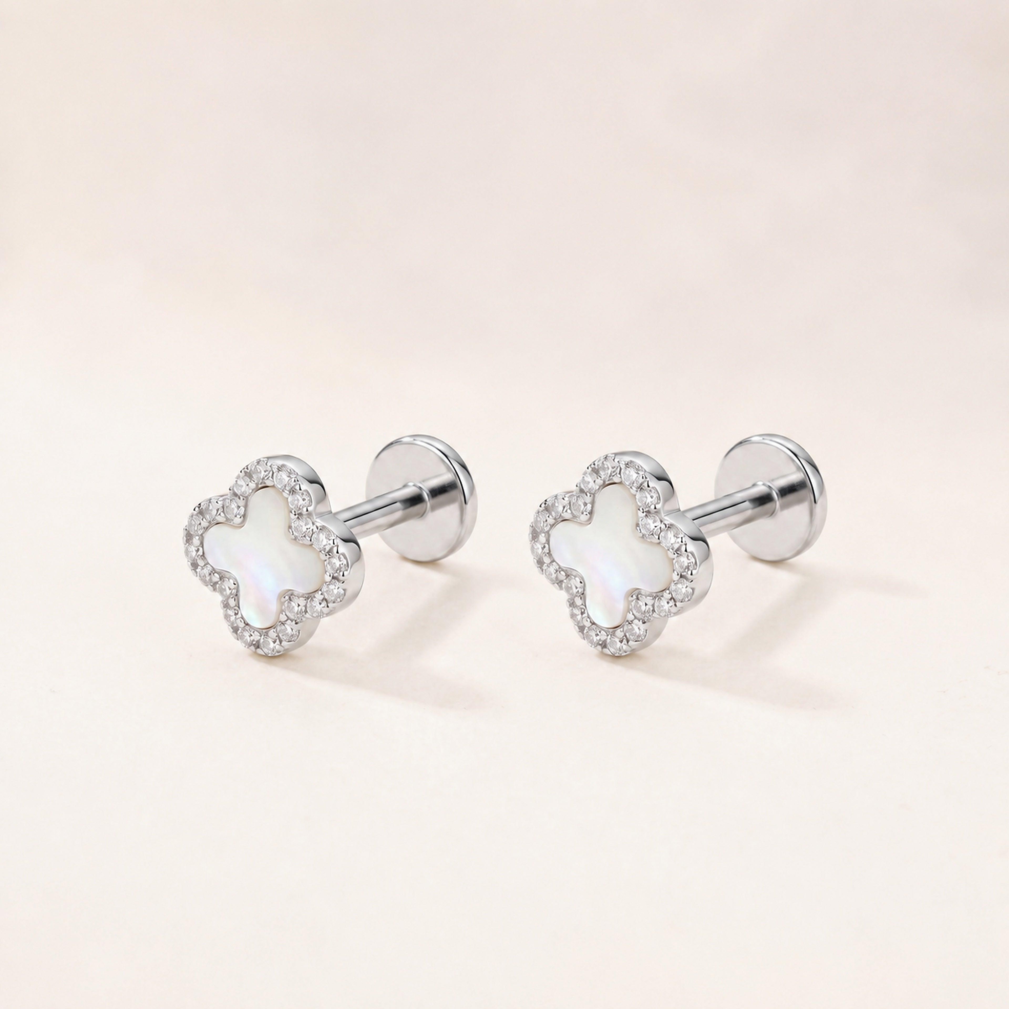 White Shell Clover Titanium Flat Back Earring for Sensitive Ears