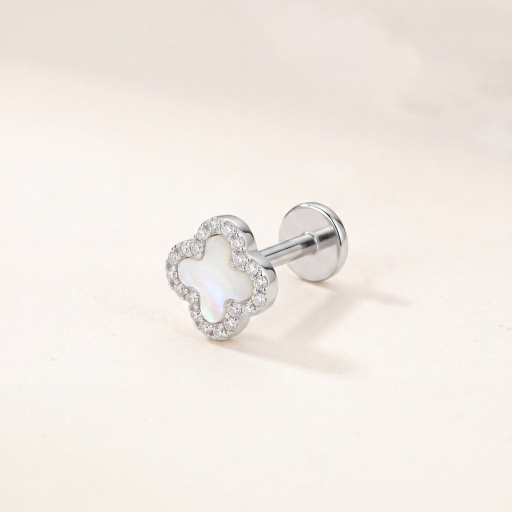 White Shell Clover Titanium Flat Back Earring - Silver