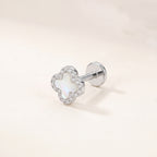 White Shell Clover Titanium Flat Back Earring - Silver