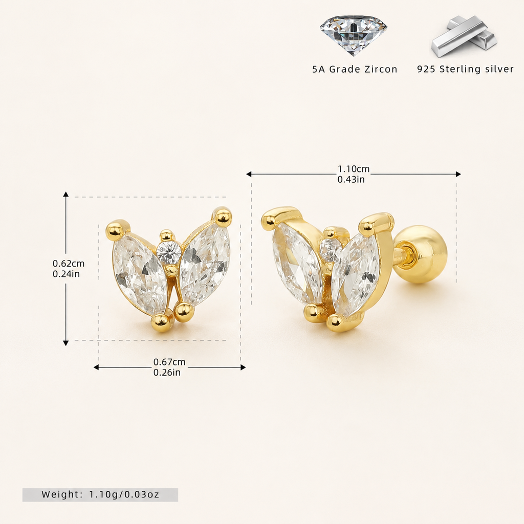 Sterling Silver Marquise Zirconia Butterfly Flat Back Earrings - Gold